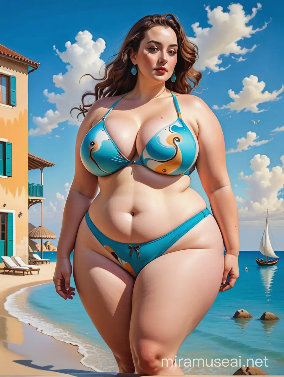 curvy plus-size woman with huge boobs, wearing a bikini, painted in the style of salvador dali