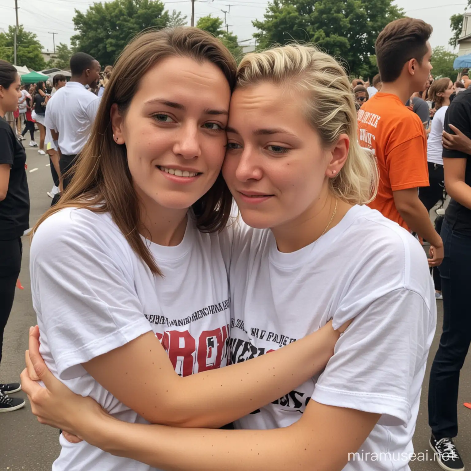 Deux lesbiennes de 21 ans t-shirt manches courtes femme beaucoup pleuré funeraill allongée la tête dans les bras de sa femme 