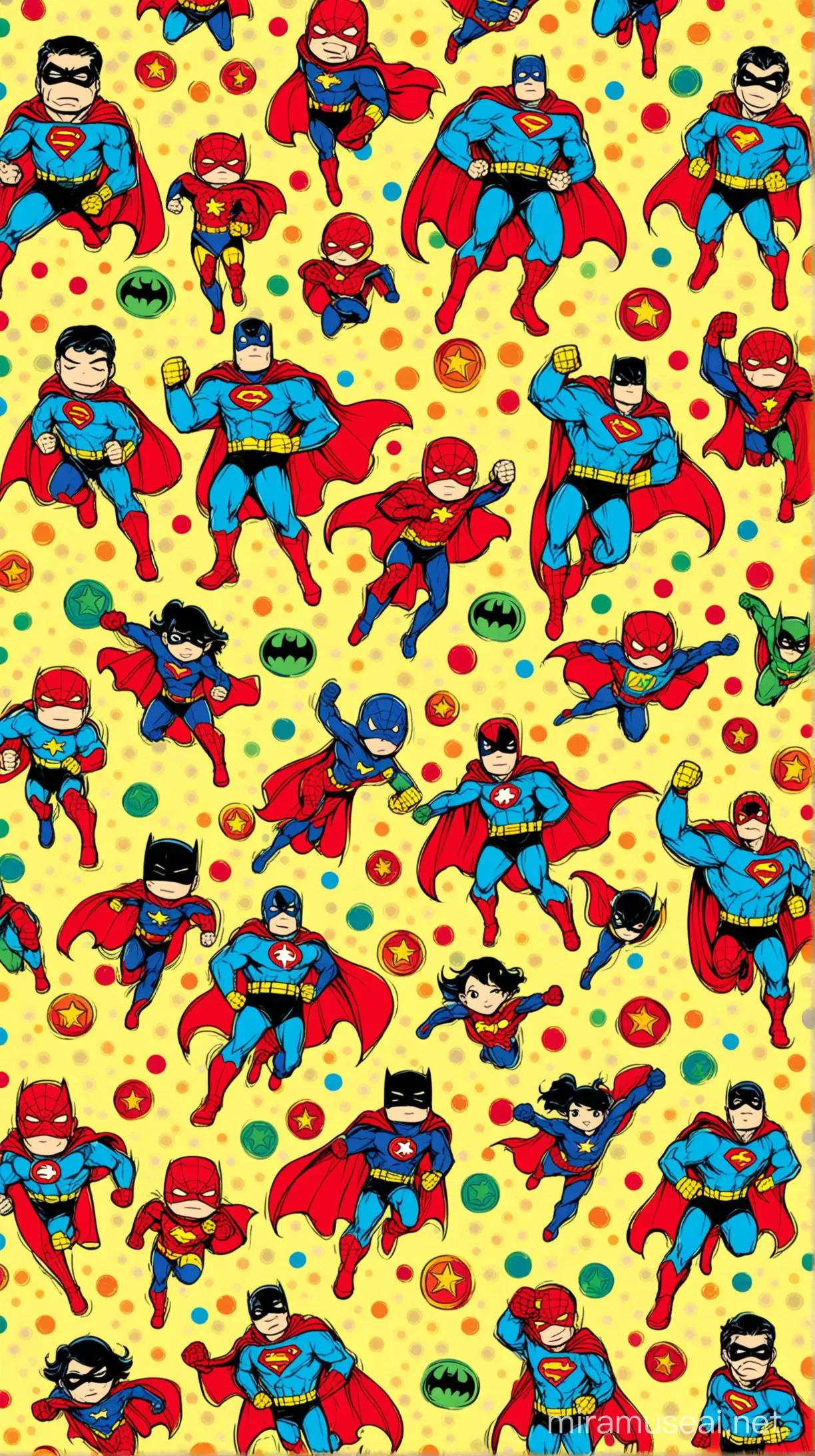 Artistic whimsical pattern designs of superheroes on a blankcolorfulbackground.--ar9:16--style raw --s 250 --v 6.0