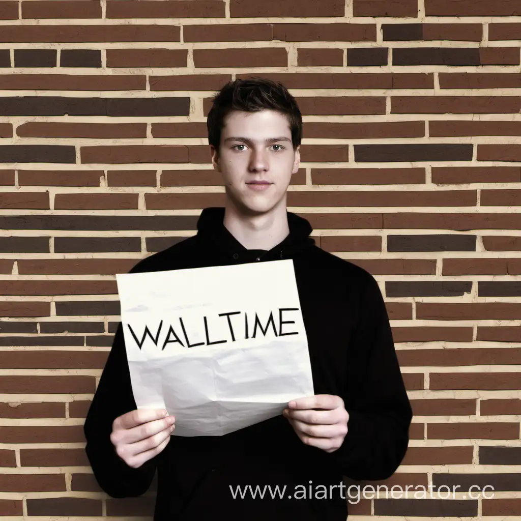  Белый Мужчина 24 лет стоит держа в руках бумажку с надписью WallTime на фоне кирпичной стены