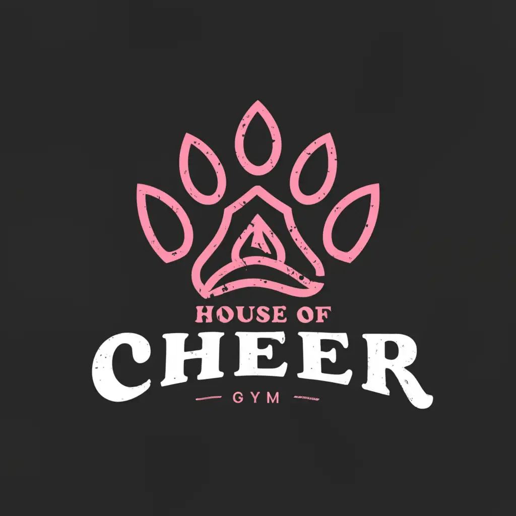 a logo design,with the text "House of Cheer", main symbol:gym logo that show a paw with claw marks as part of the logo alongside a symbol that depicts gym, using the variation of gray and pink,complex,be used in Sports Fitness industry,clear background