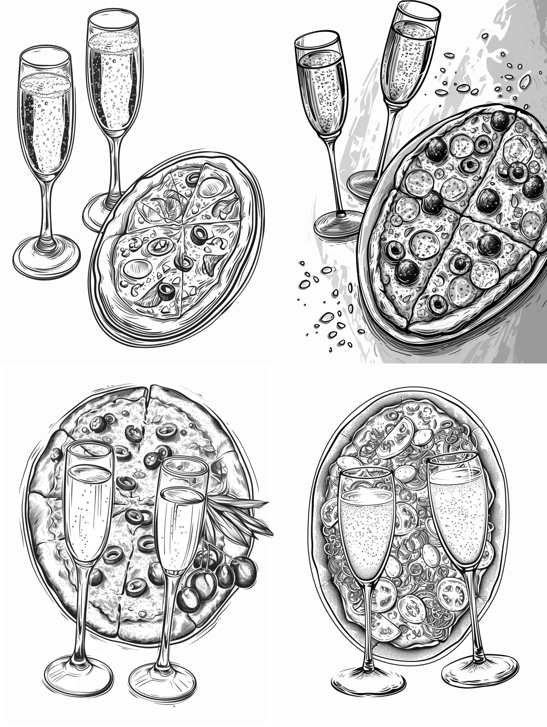иллюстрация овальная целая пицца и два бокала шампанского в стиле минимализм, вектор, чёрно-белый