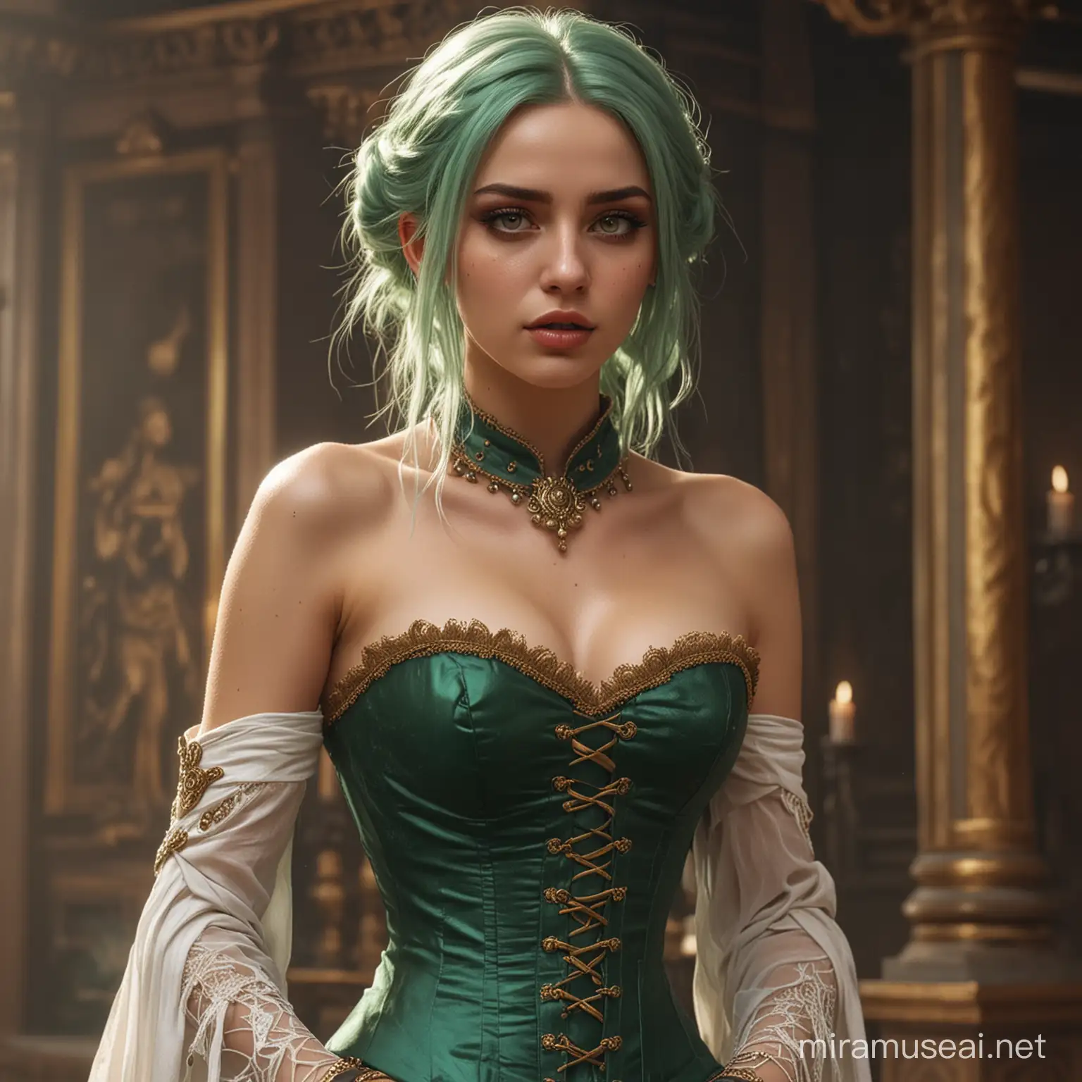 High detailed, Noble Lady, Frightening Appearance, Realistic Style, 4k, Attractive Girl, painted nails, Green Hair, Golden Eye, Villainous Look, Tall stature, Ashen Skin, Darker Tone, Elegance, Revealing Dress, Corset, Full Body, Temple on the background.