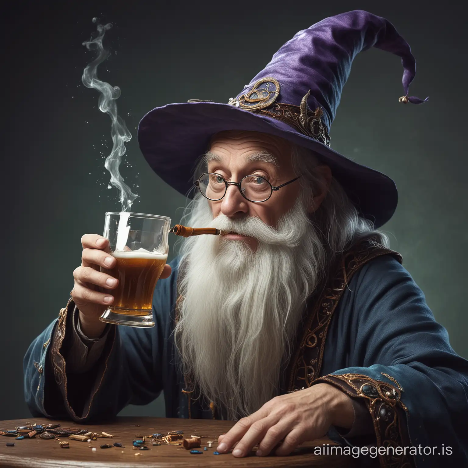 generate an image of a whimsical wizard drinking weird