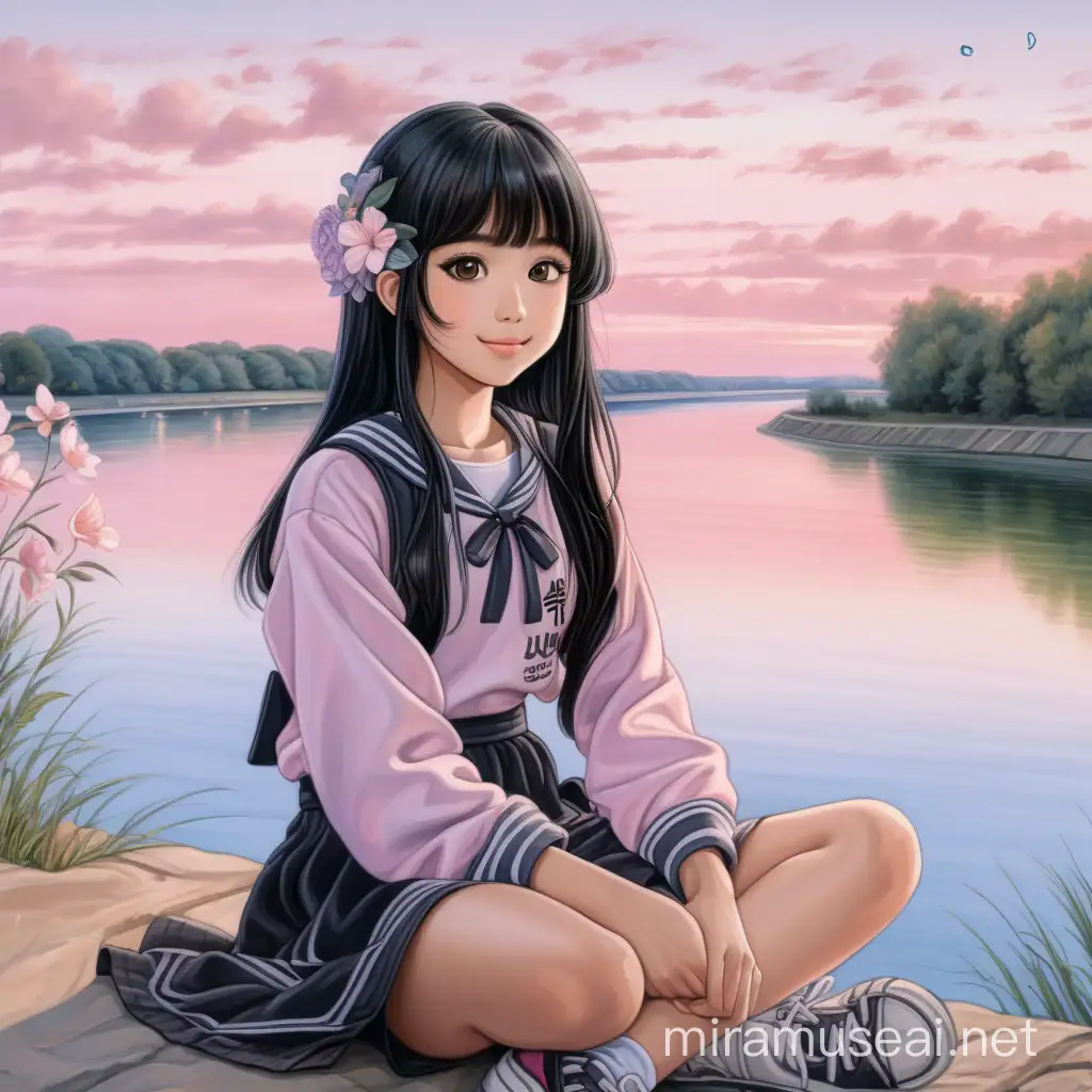 Visualize drawing of one cute Asian young adult, black healthy medium hair, wearing anime inspired outfits, perfect body, she has refreshing innocent visual, she is sitting near river side , the expression is smile, she is an INFJ so make sure able to express her romantic and peaceful attitude. The background is a river side, the sky is soft pink sky, make sure there are cute flowers around her. Landscape. Best quality. Painting. High definition looks like created by Van Gogh style.
