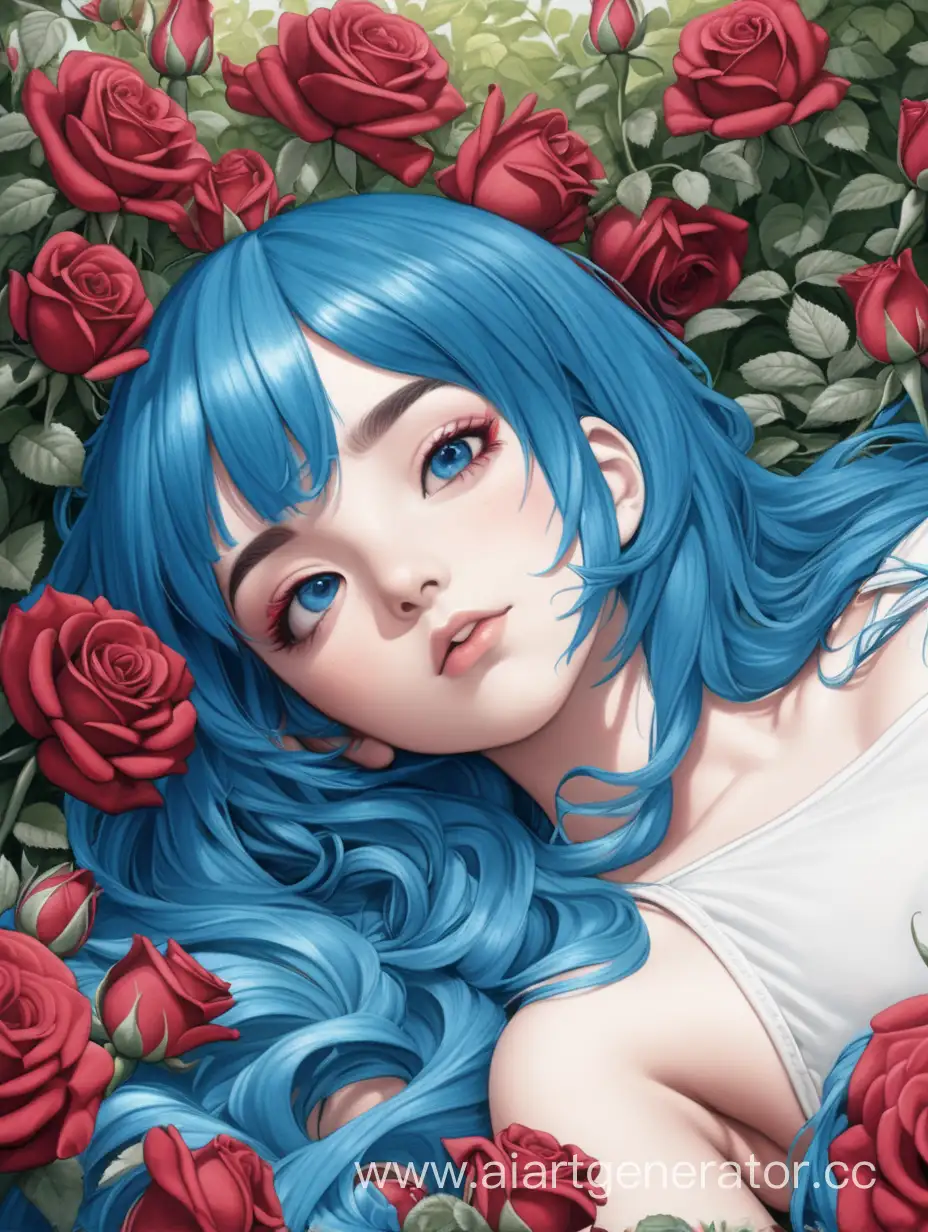 Сад красных роз и в цветах валяется девушка с синими волосами