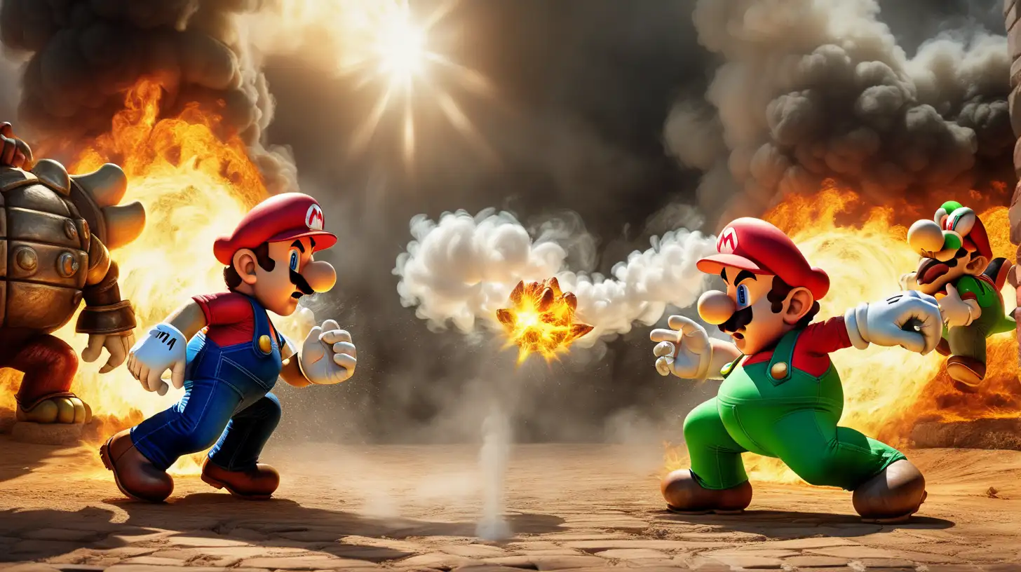 hyperrealistic Super Mario and Luigi epic fight against Bowser, Hammer Bros. massive battle lots of smoke and fire