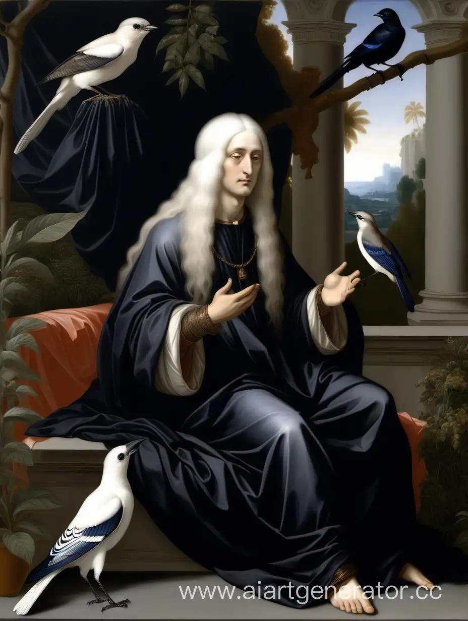 A Renaissance painting depicting the Almighty God in a young human form, dressed in a black chiton and fabrics, with long white hair falling below the shoulder blades and possessing an androgynous appearance. God in human form is sitting in the morning garden of paradise and a black-throated nightjay is sitting on his arm