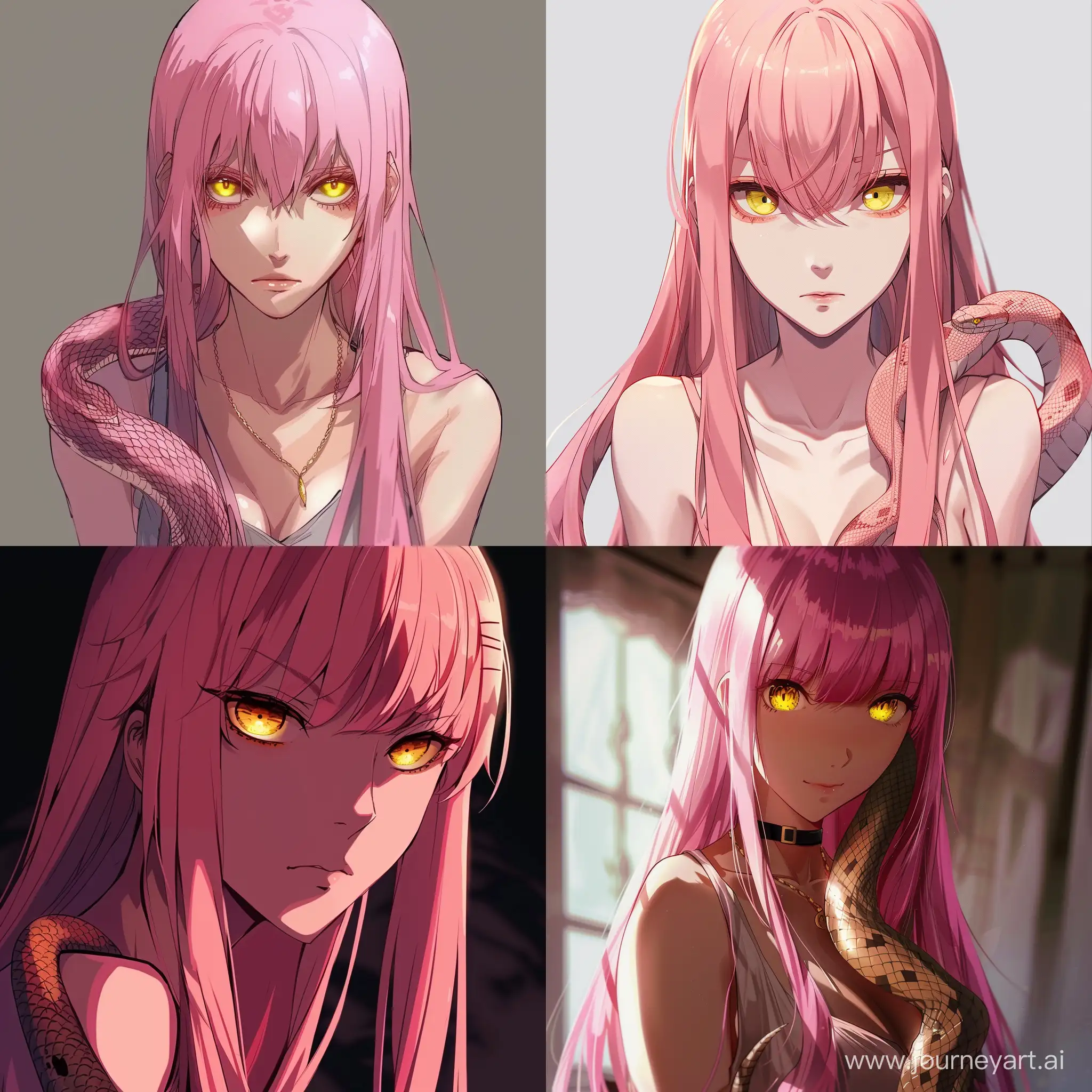 Snake girl with pink long straight hair and yellow eyes in anime style