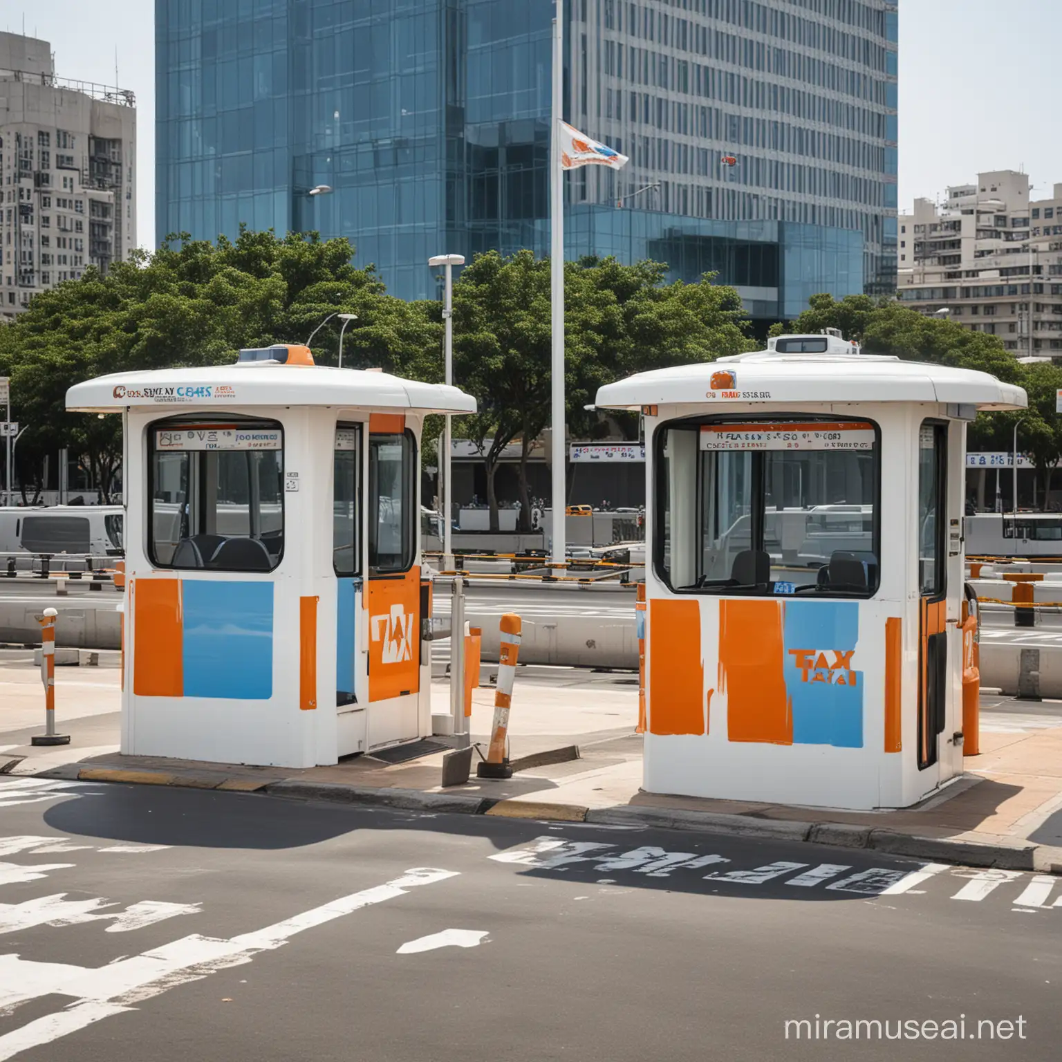 The taxi and traffic toll collection booths at the entrance to the city are white, blue, and orange in color. Their design is taken from gear lines and sea water shape lines.