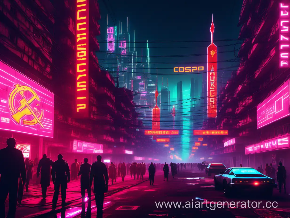 a busy street of the USSR in 2092 in the cyberpunk style, neon buildings and signs around
