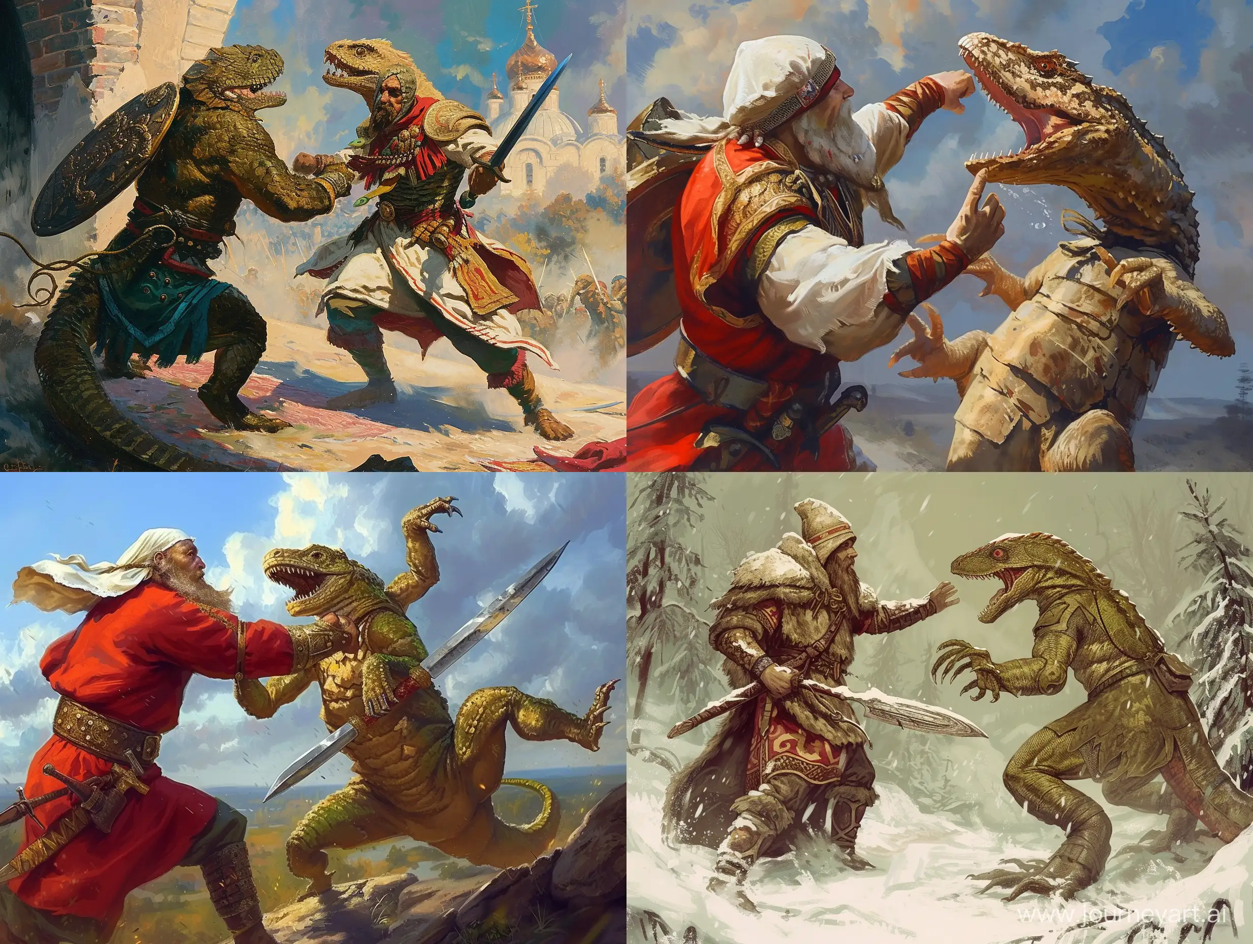 Epic-Battle-Ancient-Russian-Hero-Confronts-Anthropomorphic-LizardReptilian