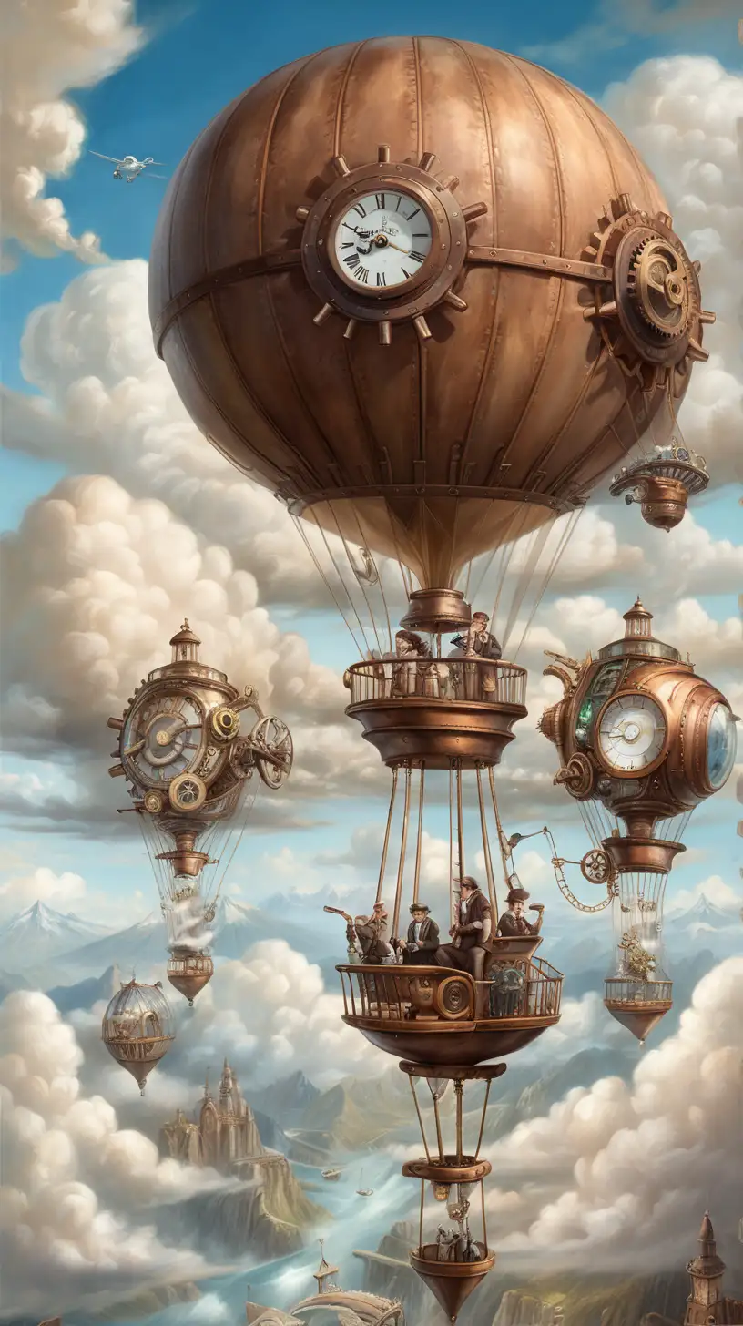 Envision piloting a steampunk-inspired airscape clouds. Describe the creaking of gears, the billowing clouds, and the excitement of exploring new, uncharted territories. 
