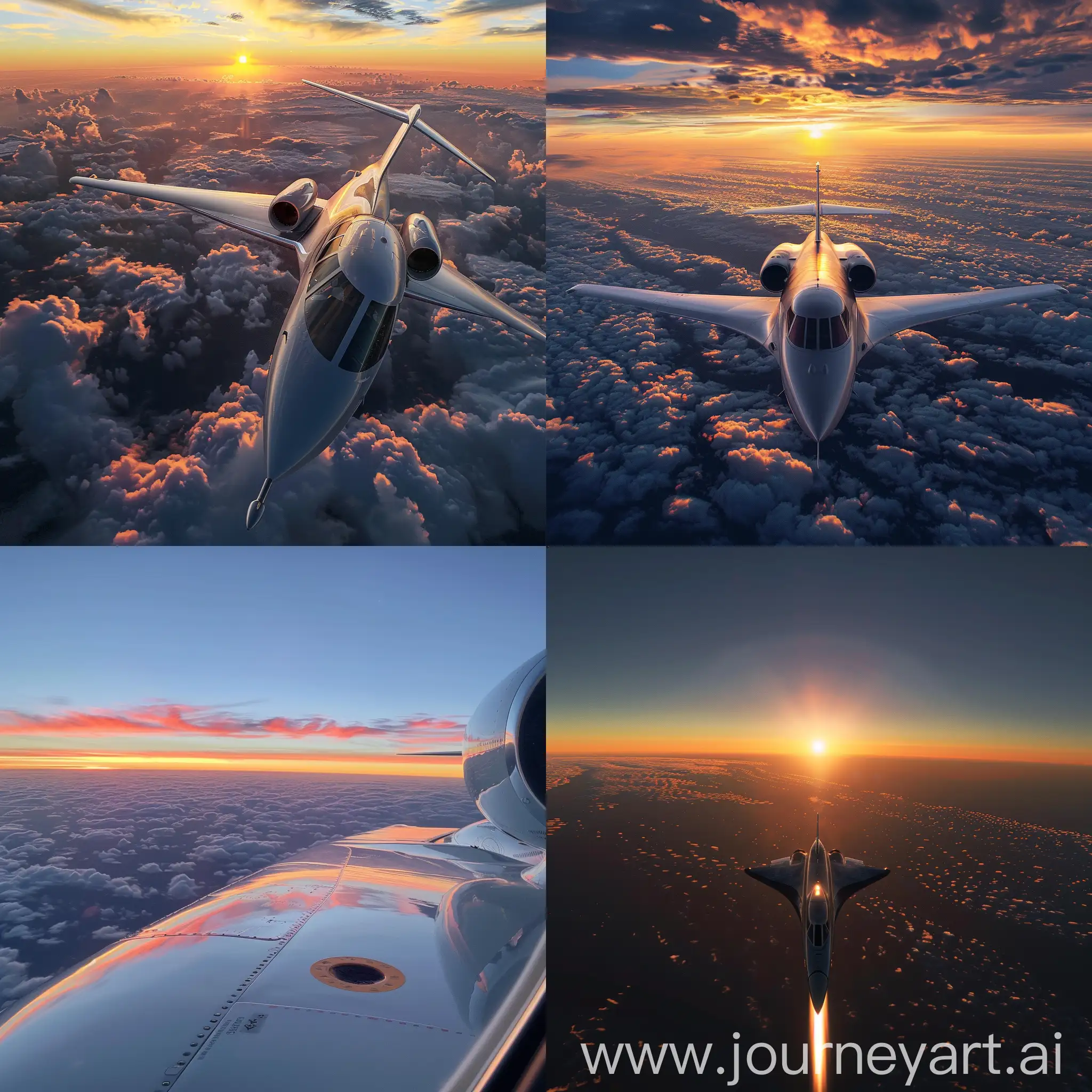 I want a falcon 7X in cruise altitude turning with a beautiful sunrise 