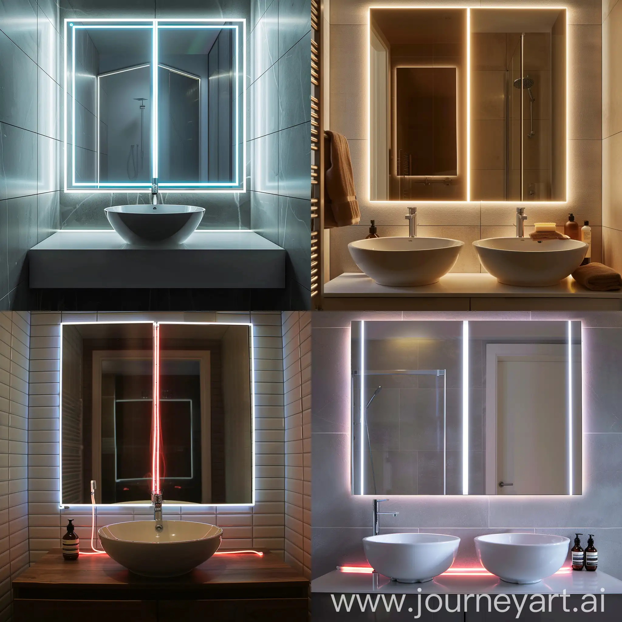 Create an image of bathroom wall with mirror and washbasin. Mirror size is 18 inch in width and 24 in height. There is 5m neon flexible strip light as well. The neon light should cover all four side of mirror and create aesthetic design with extra neon light