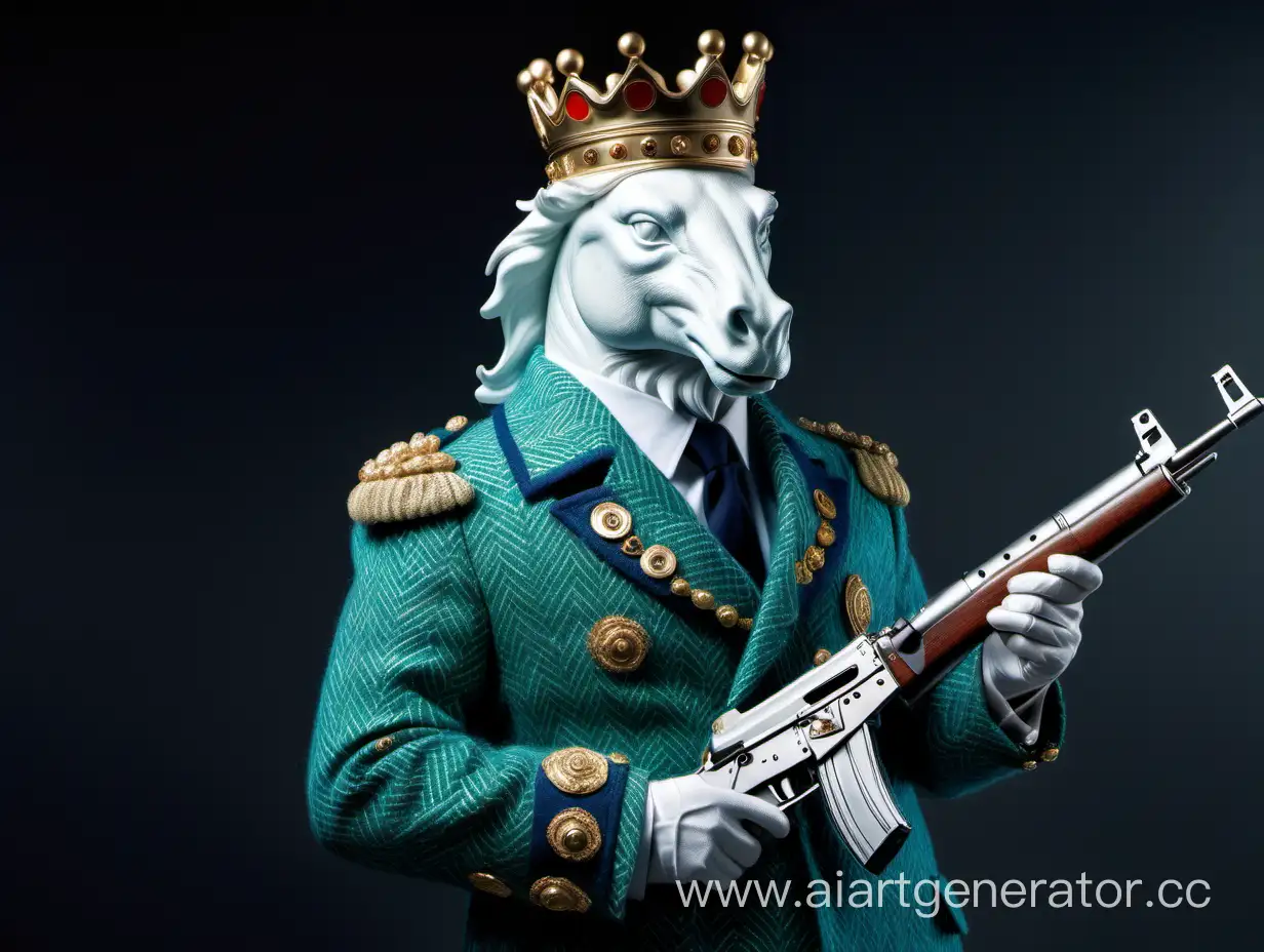мечущий гром и молнии белый шахматный конь в сине-зеленом твидовом пальто от Versace и в короне Британской Империи с автоматом Калашникова наперевес