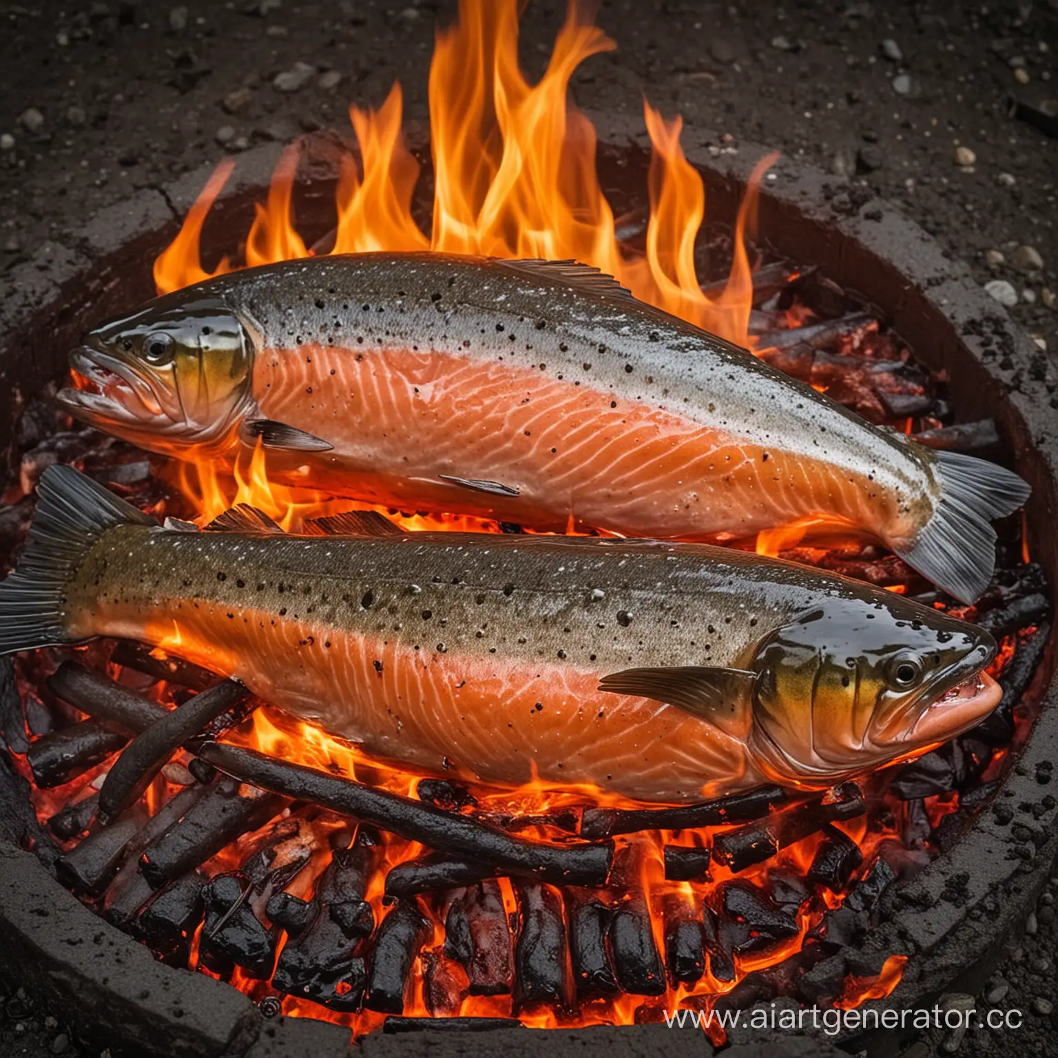 живая рыба лосось пылает и горит огнём