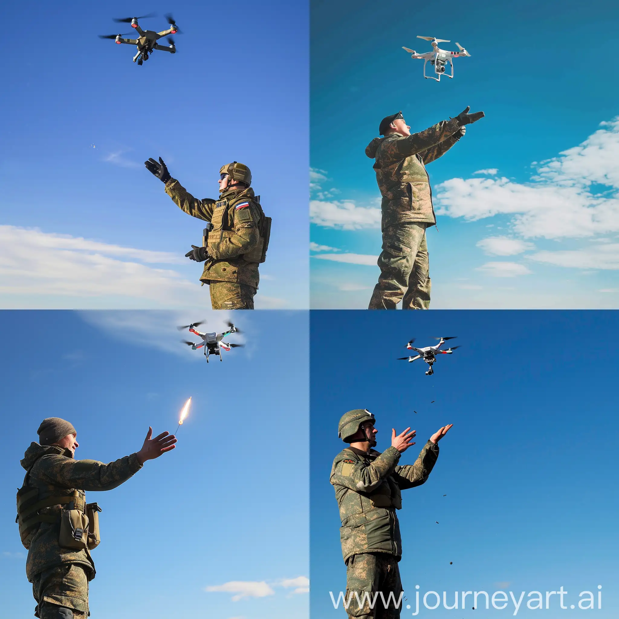 photo a Russian military man stands tall and launches a drone from his hand into the blue sky
