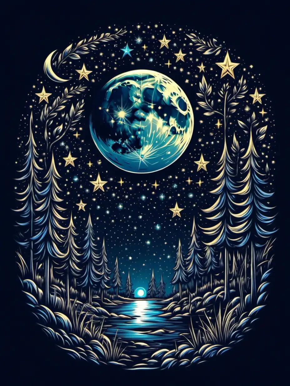 Mond und Sterne, magische Nachtszene, T-Shirt-Design