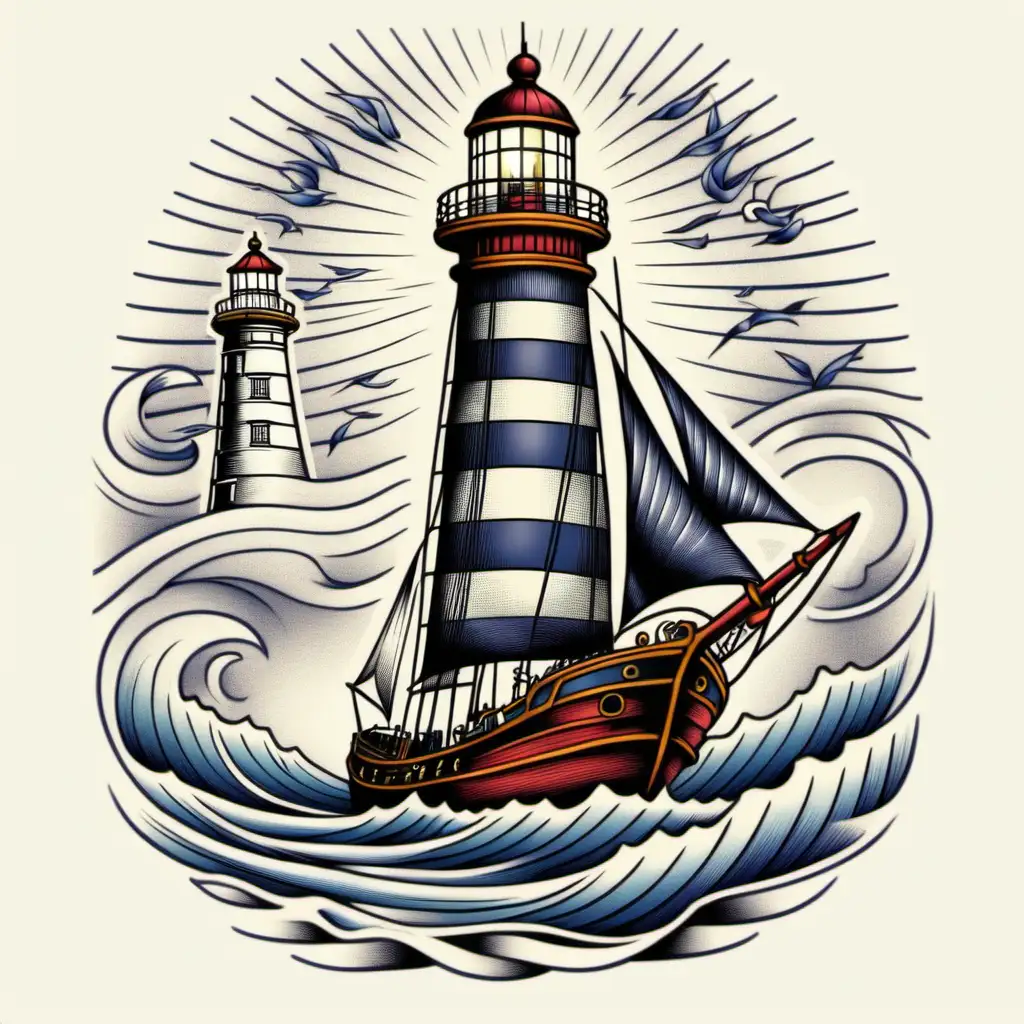 Nautical Oldschool Tattoo Design on TShirt with Sailing Ship and Lighthouse