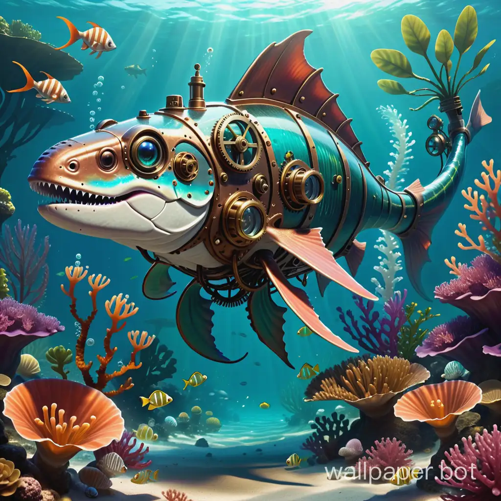 A steampunk style fish dinosaur in an ancient ocean full of plants, fish and molluscs
