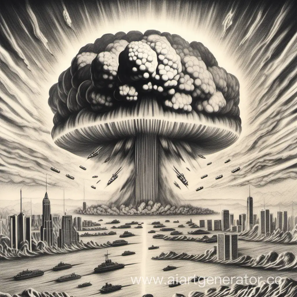 Ядерная война на планете, рисунок карандашом.