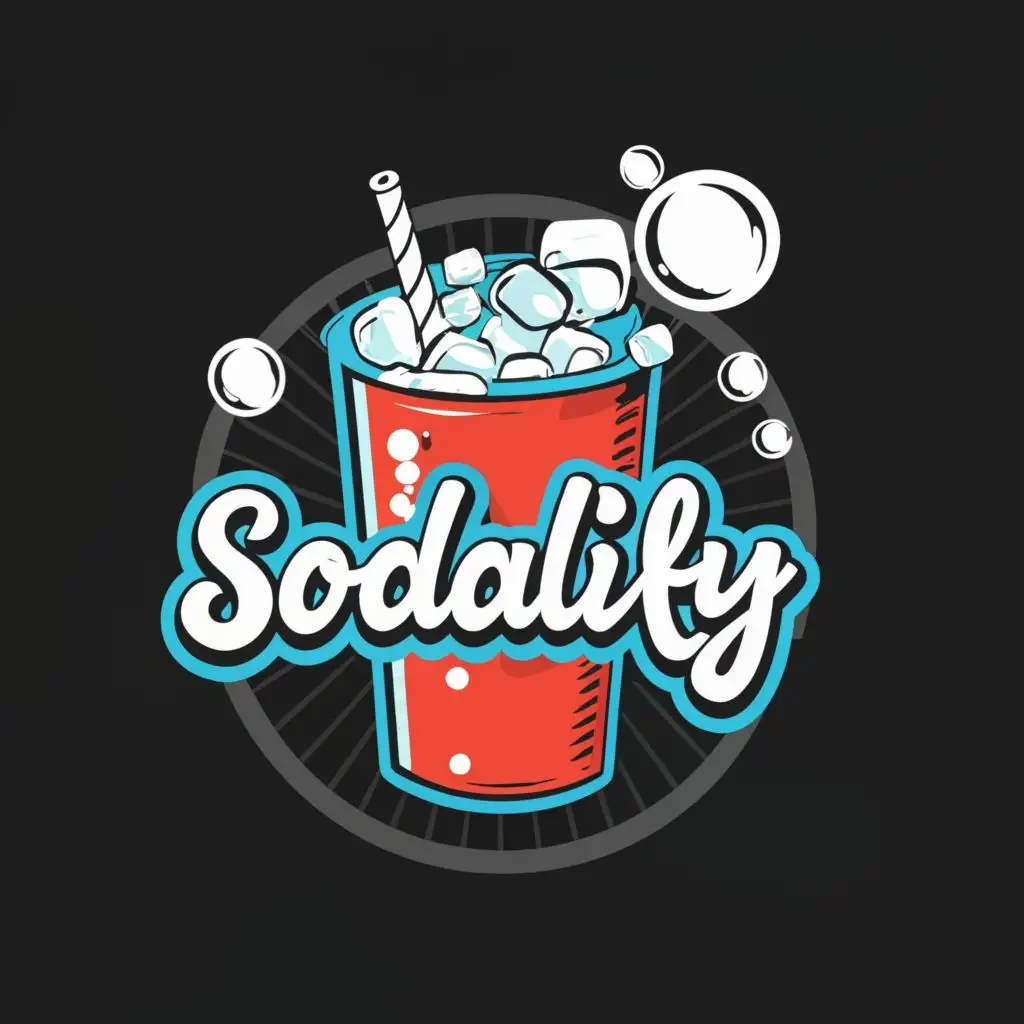 logo, Soda in a cup with bubbles, and ice, with the text "Sodalify", typography