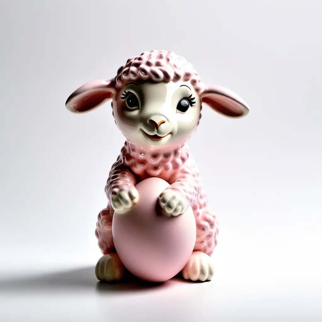 复活节 陶瓷  简单  粉色小羊坐着手拿鸡蛋
 白色背景