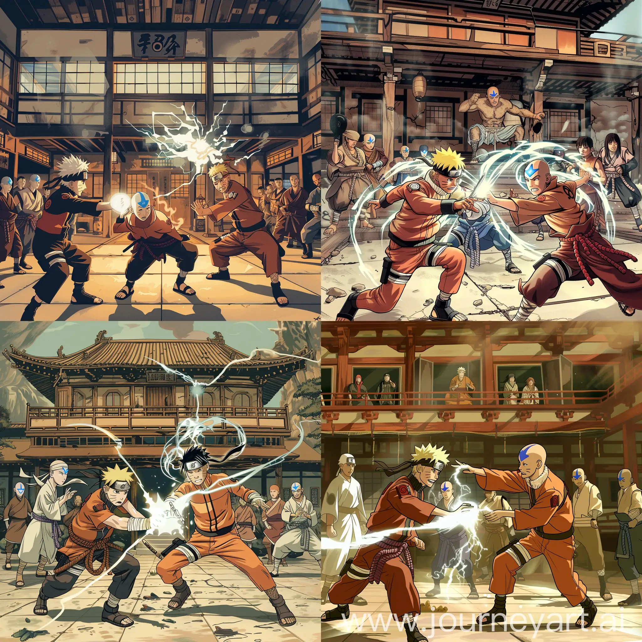 Naruto is fighting against Aang of the last Airbender, both are casting white magic spells, other characters are watching them, before a Japanese dojo