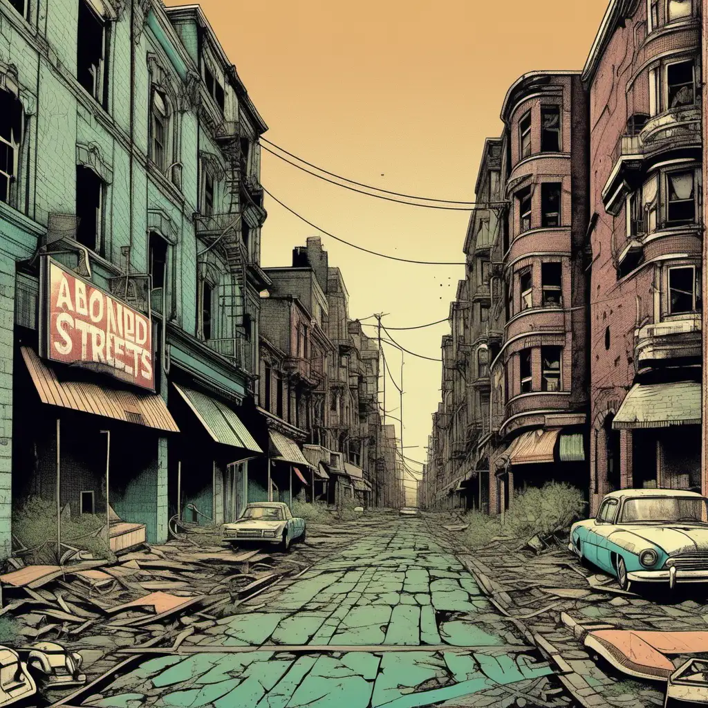 abandoned city streets, retro style, detailed illustrated design, colour