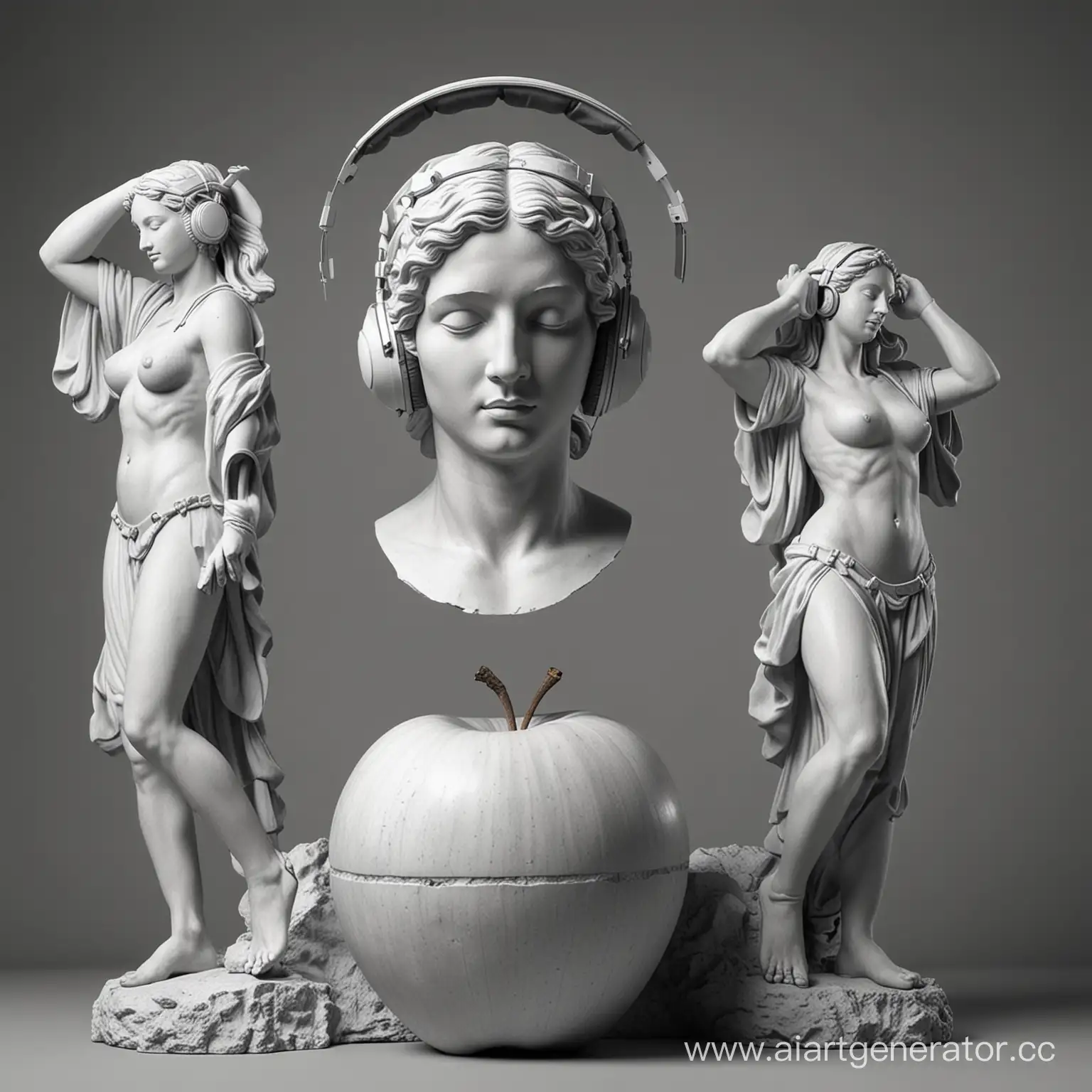 красивые античные статуи людей в необычных позах с большими наушниками Apple и плеером на однотонном фоне