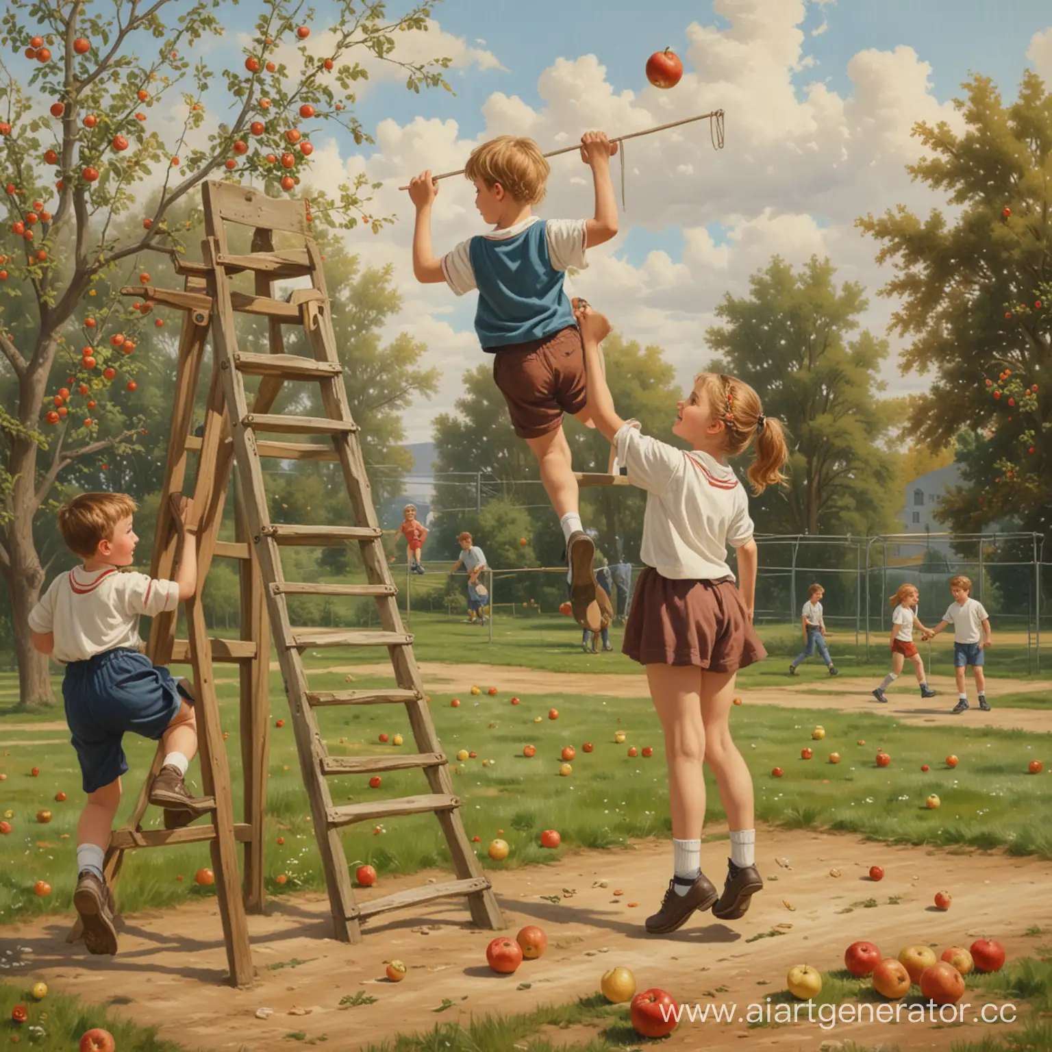 картина "школа" мальчик собирает яблоки,а девочка в это время рядом с ним помогает ему придерживая лестницу,тем временем на заднем фоне на спортивной площадке изображены мальчики которые играют в мяч, а рядом с ними прыгают девочки через скакалку 