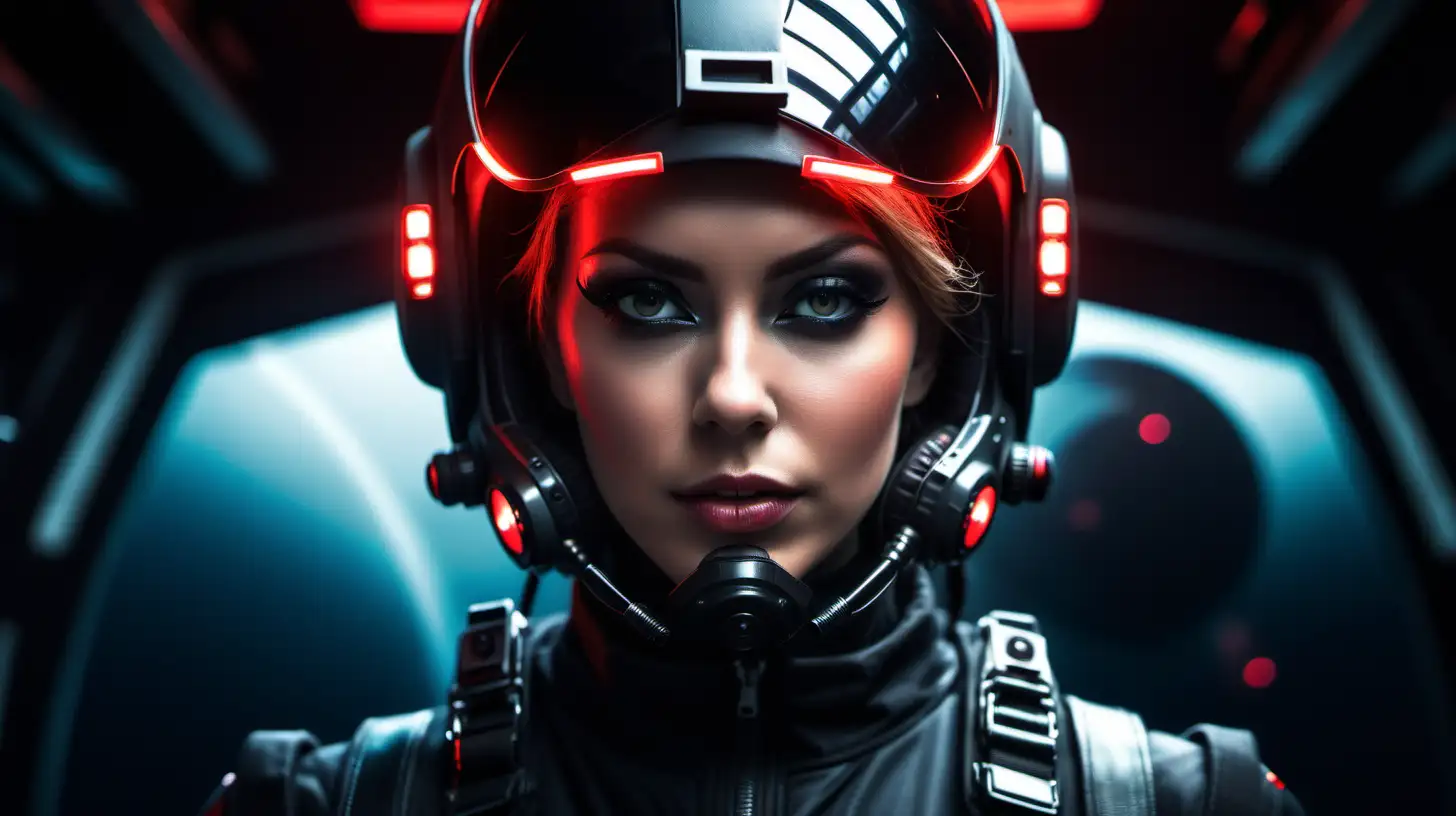 The woman of the future with a helmet and led lights is an amazing