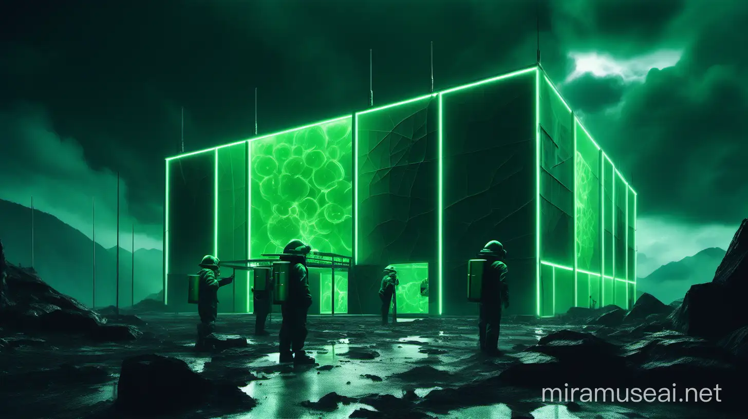Realistic research center with one worker around it, green neon and big neon lights inside the part, its color shadow on the floor, Rainy weather, staff in dark green uniforms and helmets, Atmospheric and cinematic, The structure is very big and elongated in the shape of a match and wide, A dark green smoke rose from the research center environment and spread in the air, The image space is outside the realistic research center, On a big rocky ground outdoors on a cloudy day,
with very large satellite antennas,
An big green neon cubic cylinder object,
The floor is black and white,
in the mountains.
Realistic dark atmospheric and cinematic.
8k.