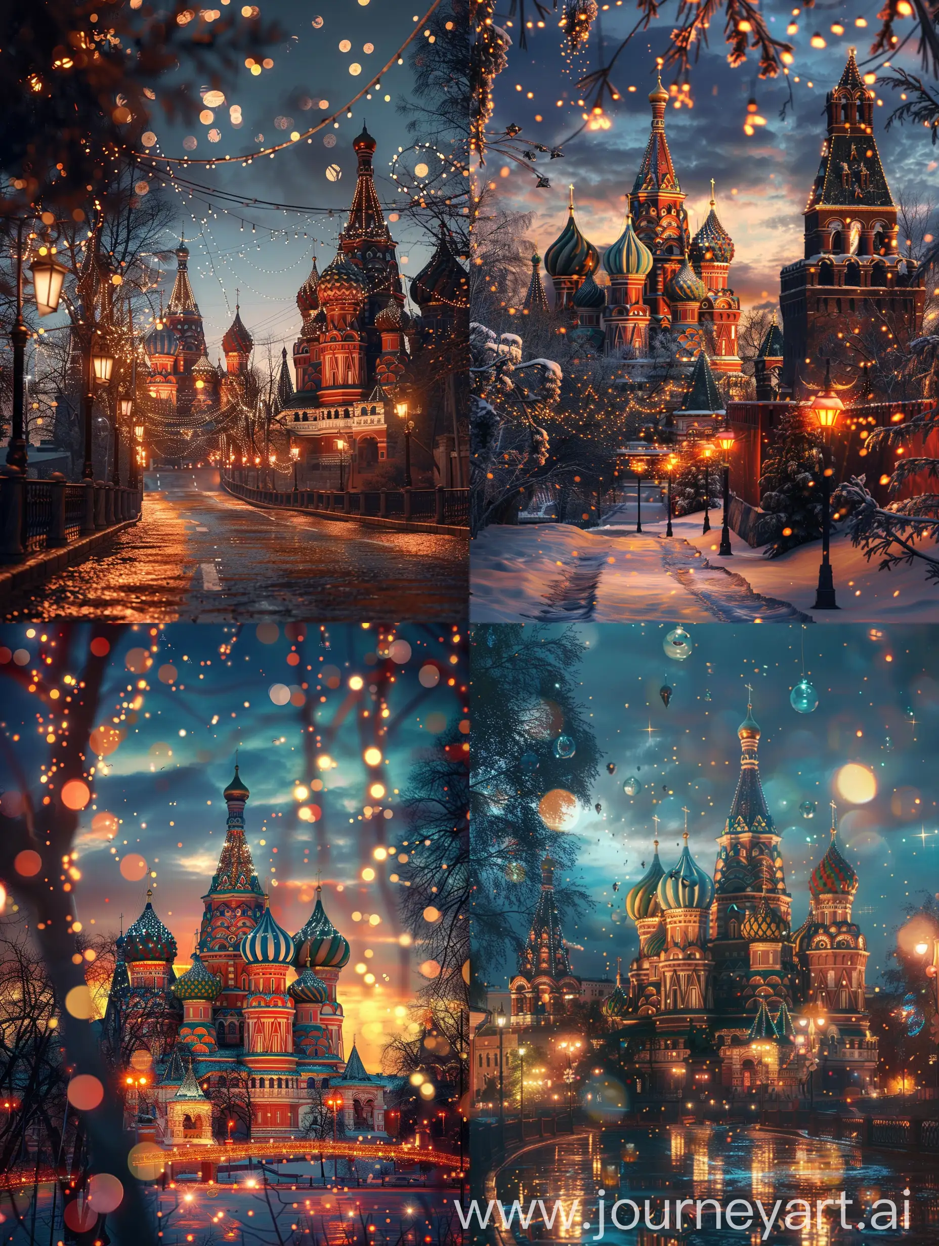 Russian fairytale the most classical image, future Moscow entourage, twilights, lights, magic atmoshpere, future, ultarealistic photos, 4k, cinematic
