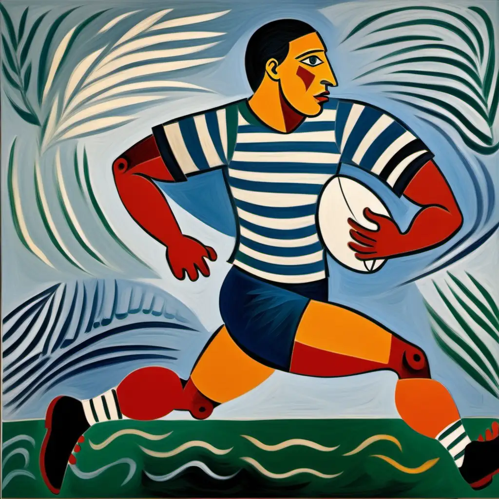 Dynamic Rugby Player Running Artistic Interpretation in Picasso and Matisse Style