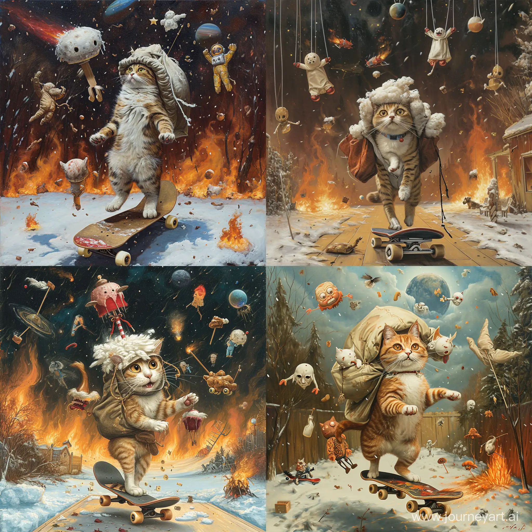 a cat wearing a bag of flocks on its head, gubbing a smock in its hands, while branling on a skateboard in the snow. puppets falling from the sky, flames in the background. icecream melting everywhere, beautiful space sky, in a backyard. classical painting style, clean brush strokes, smooth wash