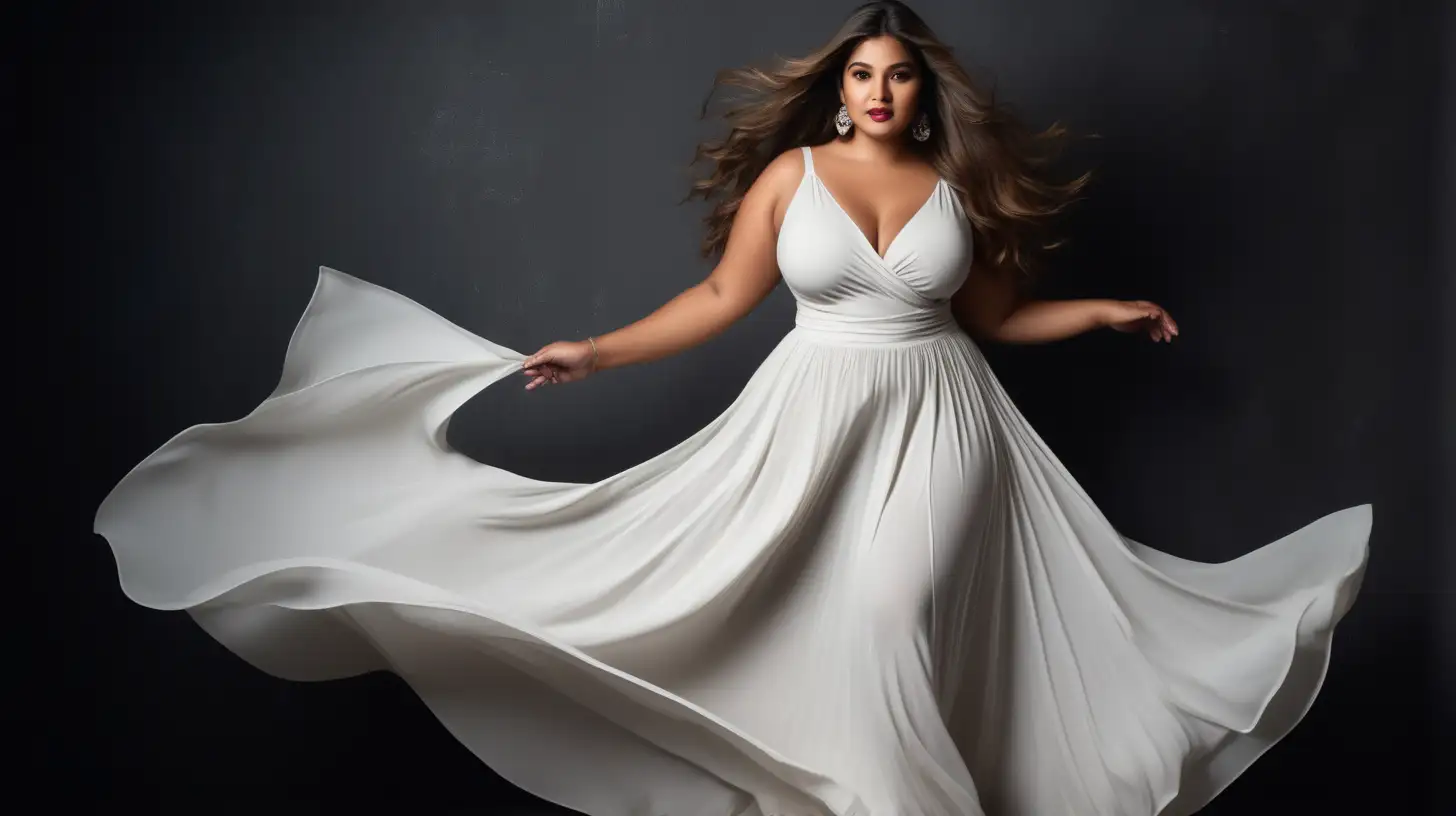 Elegant Plus Size Vogue Dark Blond Latina Model in Luxury White Dress