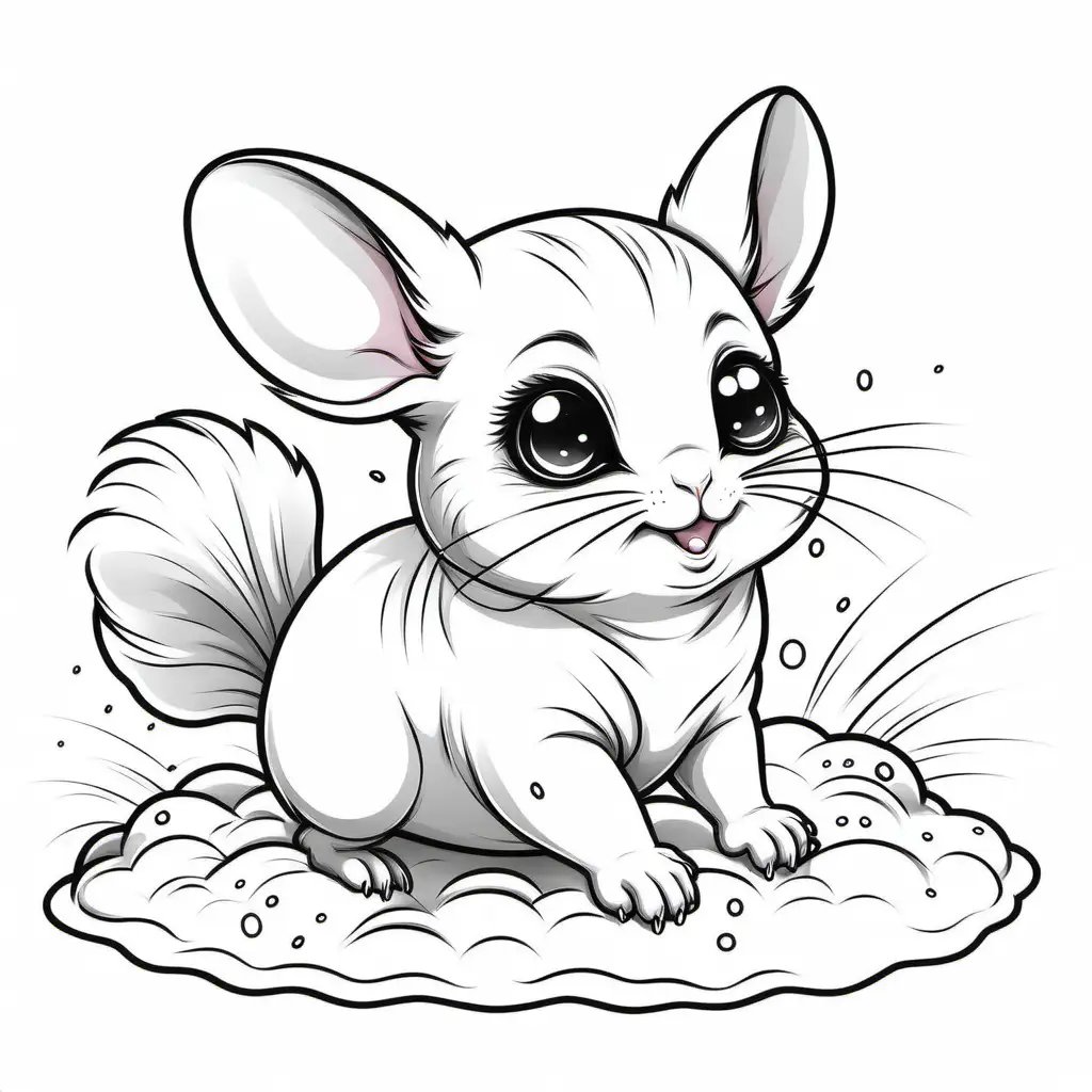 coloring book page outline kawaii style cute and adorable baby chinchilla rolling in dust

