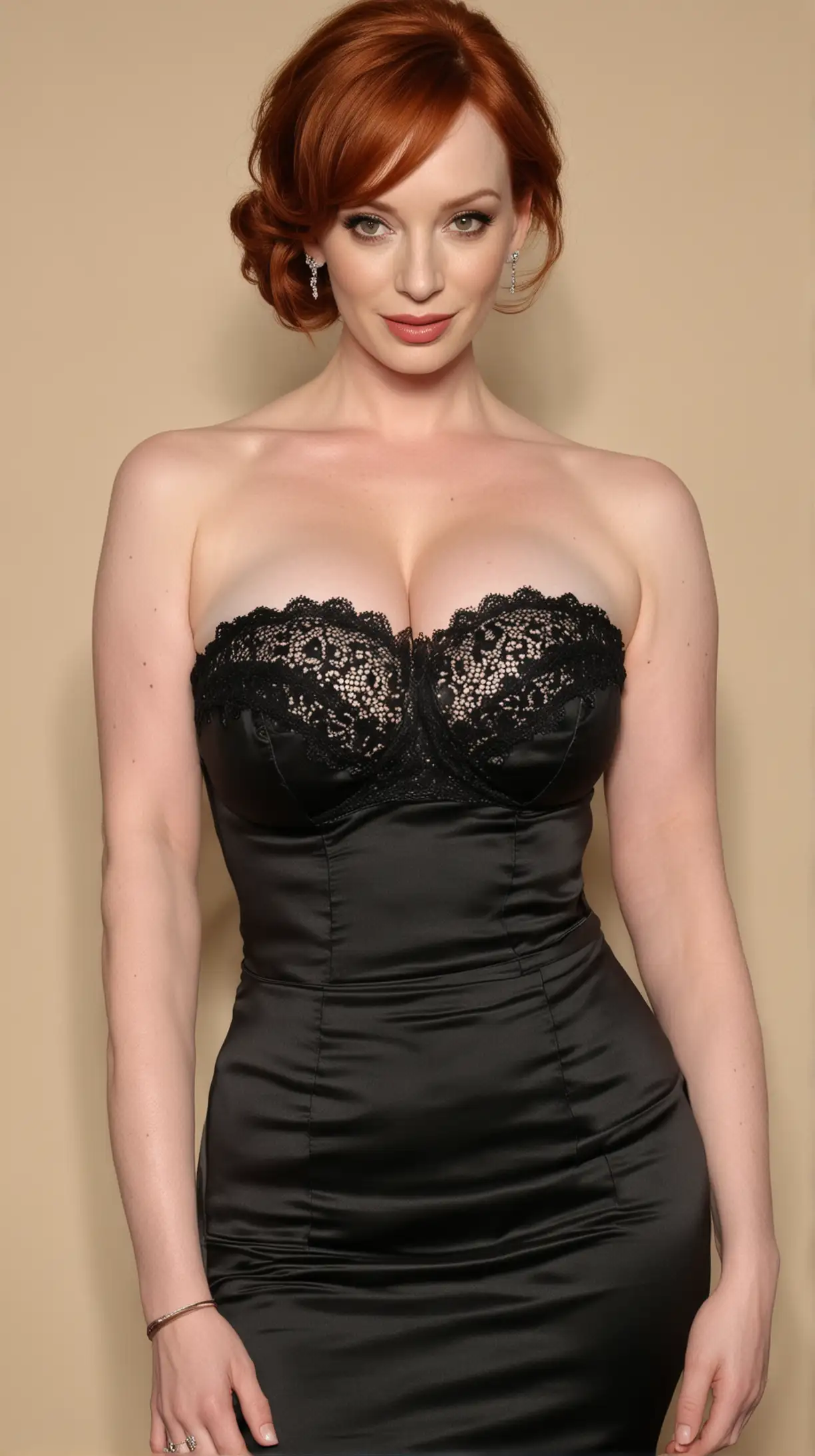 christina hendricks strapless tight satin top with lace accents