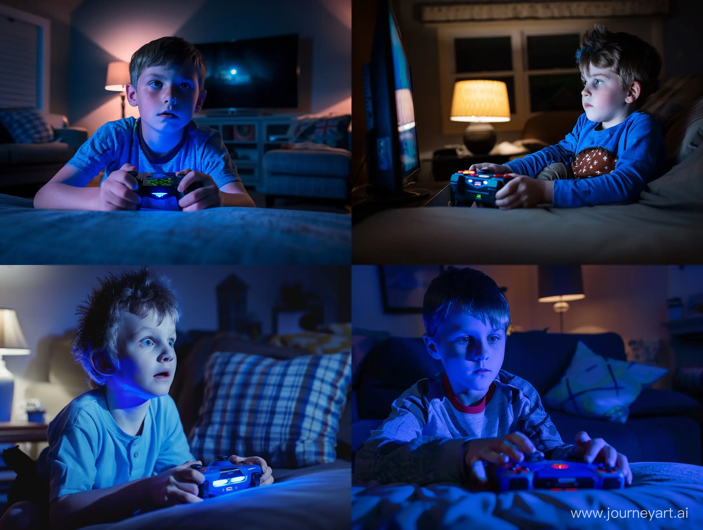 6 year old boy playing Sonic the Hedgehog on his console in dark living room