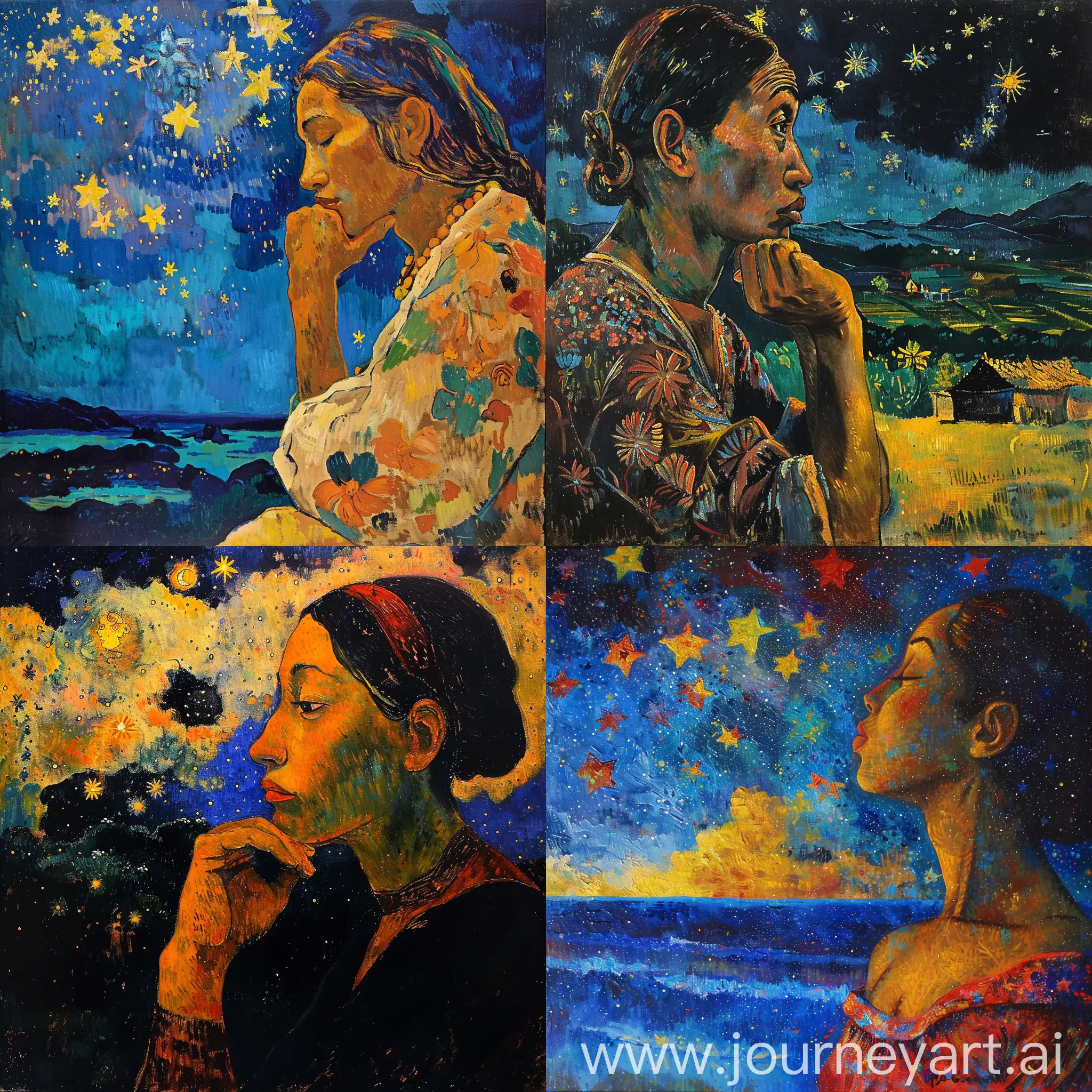 génère la peinture d'une femme regardant les étoiles dans le style de paul gauguin, le format de l'image doit être vertical. masterpiece