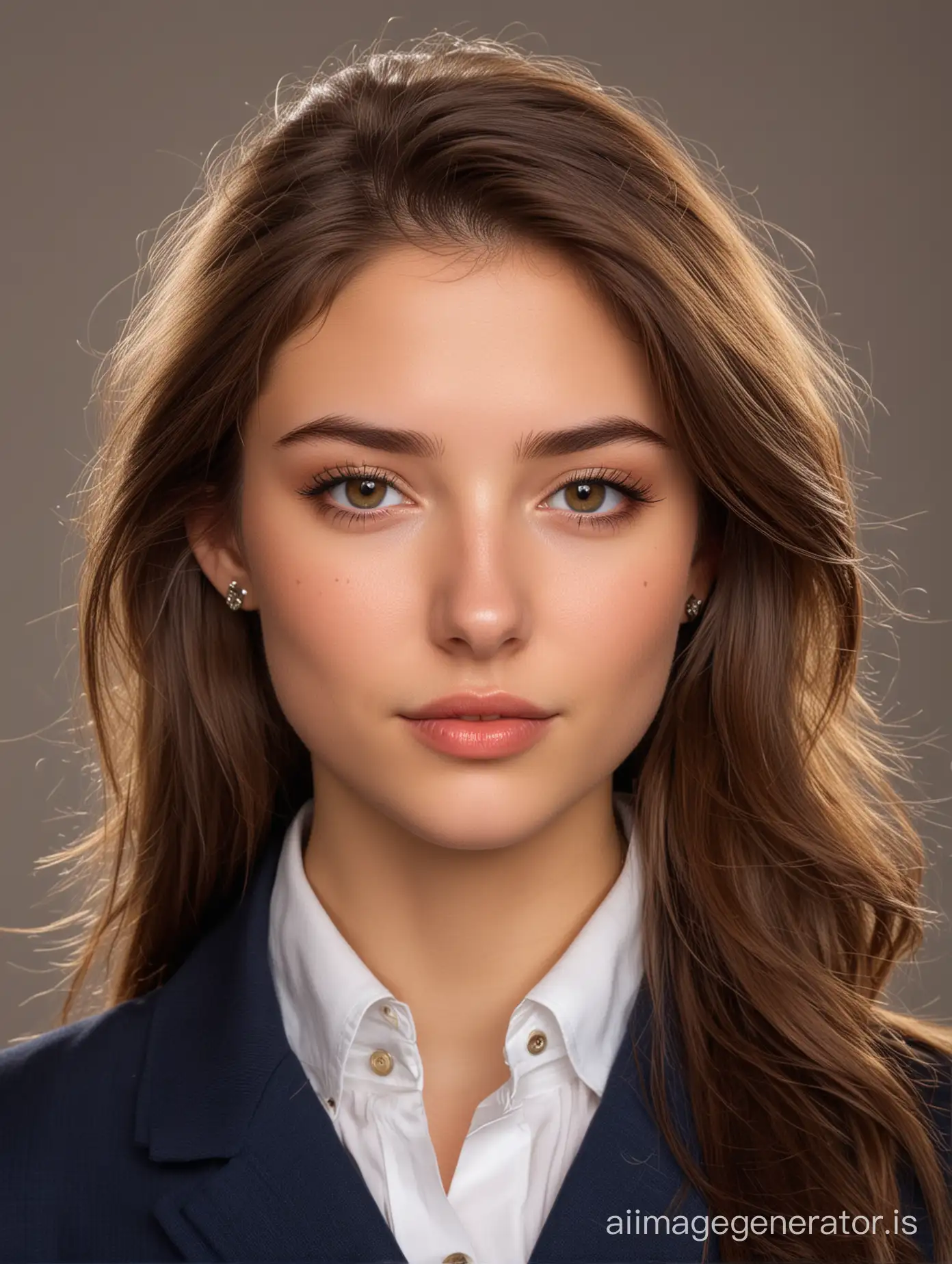 A charming 16-year-old girl in a business suit, dark blue, white shirt with buttons undone. Thin, straight nose, plump lips, 'Fox' eyes with long eyelashes, and brown eye color. She has earrings with a nail design, a European facial feature, and a small dark mole above her lip. Her hair is long, wavy, and light brown. She is attractive and sexy, a leader with a cheerful demeanor. The photo is for publication on a social network avatar with a light-colored background of a study and at a 3/4 angle. The effects should appear as realistic as possible with minor imperfections and not like Photoshop.