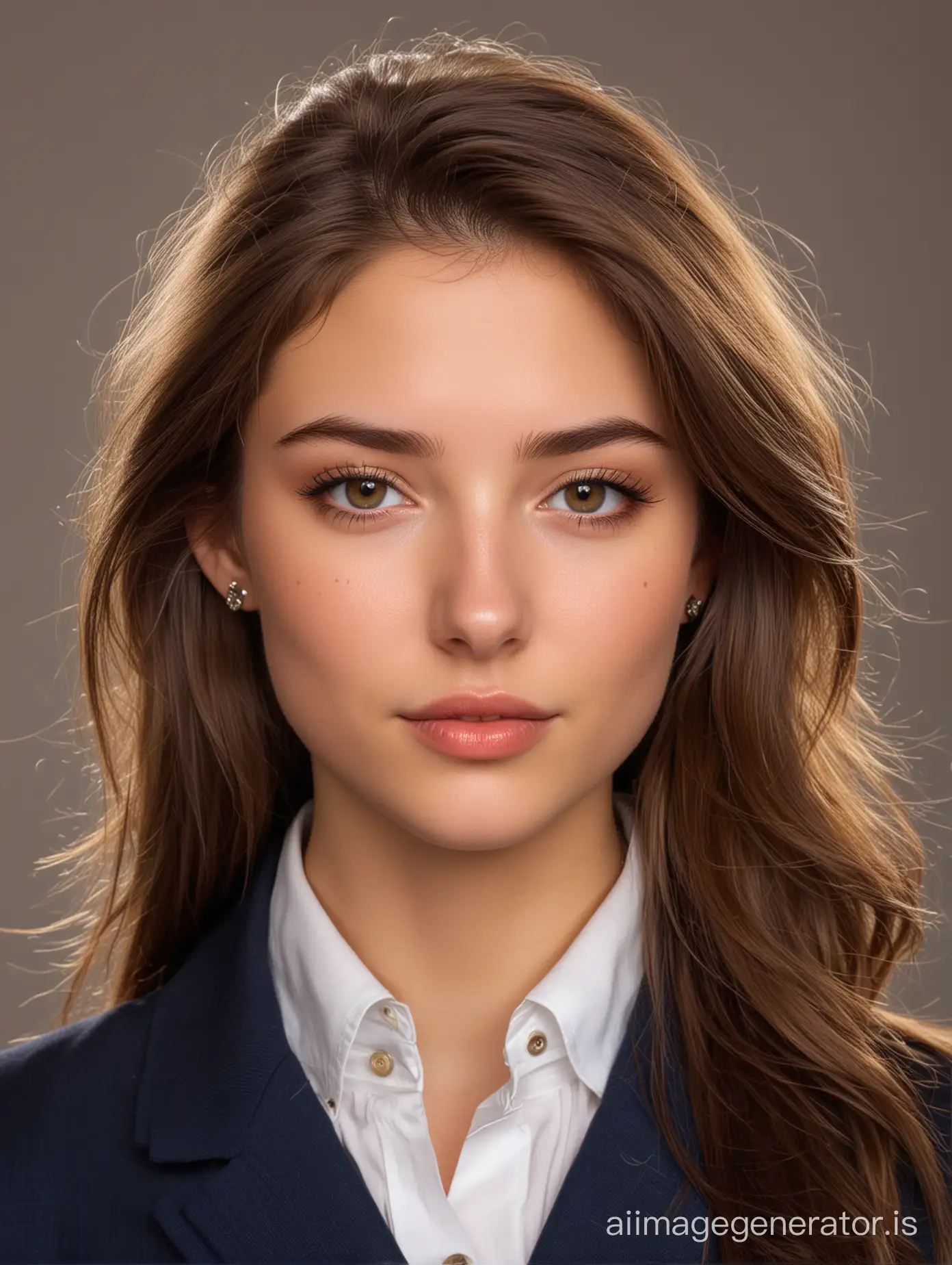 Charming 16-year-old girl in a business suit, dark blue, white shirt, buttons undone.  Thin, straight nose. Plump lips. "Fox" eyes with long eyelashes. Eye color is brown. In  the model of the earrings are nails. European type face, very beautiful, small dark mole above the lip! The hair is long, wavy, light brown. attractive, sexy. The girl is a leader, you can see it in her eyes, but nevertheless she is cheerful. Photo for publication on a social network on an avatar. The background is light - a study. Angle -3/4. The effects should look as realistic as possible, perhaps with minor defects, and not like Photoshop!