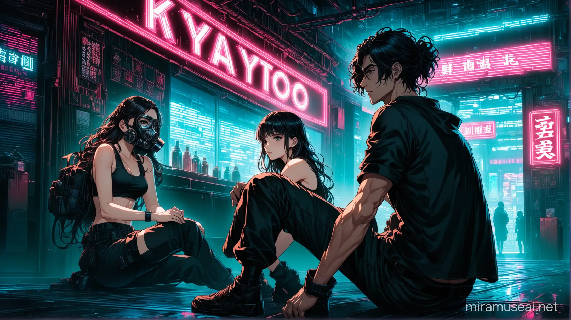 Kyoto animation stylized anime mixed with futuristic cyberpunk artworks ~ young Male wearing gas mask, no beard, black tank top and gray sweats, slightly tan skin, black curly hair, sitting next to female wearing gas mask and school uniform with long straight black hair, both are inside an old grimy cyberpunk noodleshop, both are talking to each other amicably, dark broken neon signs. Cinematic Lighting, dark lighting, dystopian view, ethereal light, intricate details, extremely detailed, complex details, insanely detailed and intricate, hypermaximalist, extremely detailed with rich colors. masterpiece, best quality, aerial view, HDR, UHD, unreal engine. muscular young man, beautiful young woman, sitting down, ((acrylic illustration by artgerm, by kawacy, by John Singer Sargenti) dark fantasy background, blade runner, akira, fair skin, handsome face, rich in details, high quality, gorgeous, dystopian, neon signs, final fantasy style, gorgeous, glamorous, 8k, super detail, gorgeous light and shadow, detailed decoration, detailed lines, glitchy aesthetic,