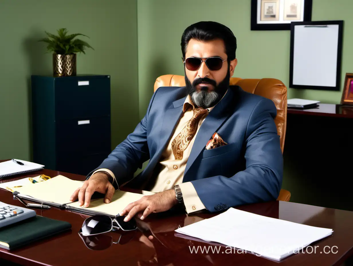 Pakistani man in well decorated office age 40 , beared , sunglasses, office table