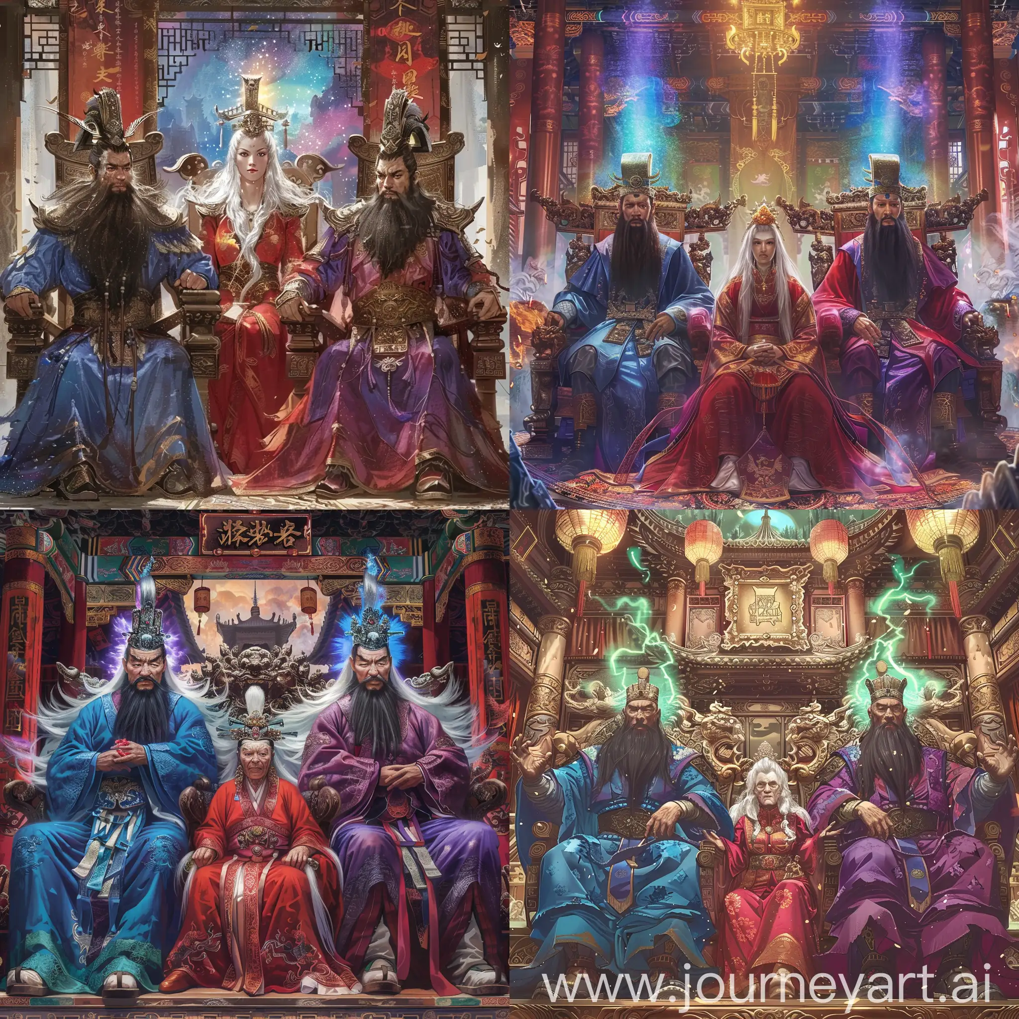 two Chinese Han dynasty Emperors with mid-long black beards and aurora behind their head are sitting on their thrones,

the left one in blue clothes,
the right one in purple clothes,

an old white haired Chinese empress sits on her throne in the middle, between the two emperors, she has several arms and hands, she is in red clothes,

they are all inside a splendid Chinese Palace,