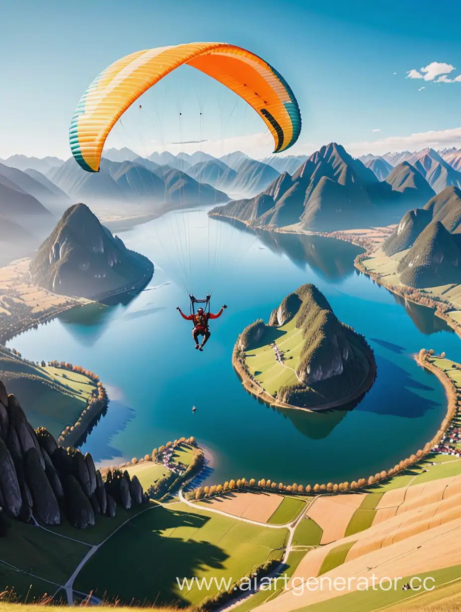 Solo-Paraglider-Flight-Over-Rural-Landscape-with-Haystacks-and-Mountain-View