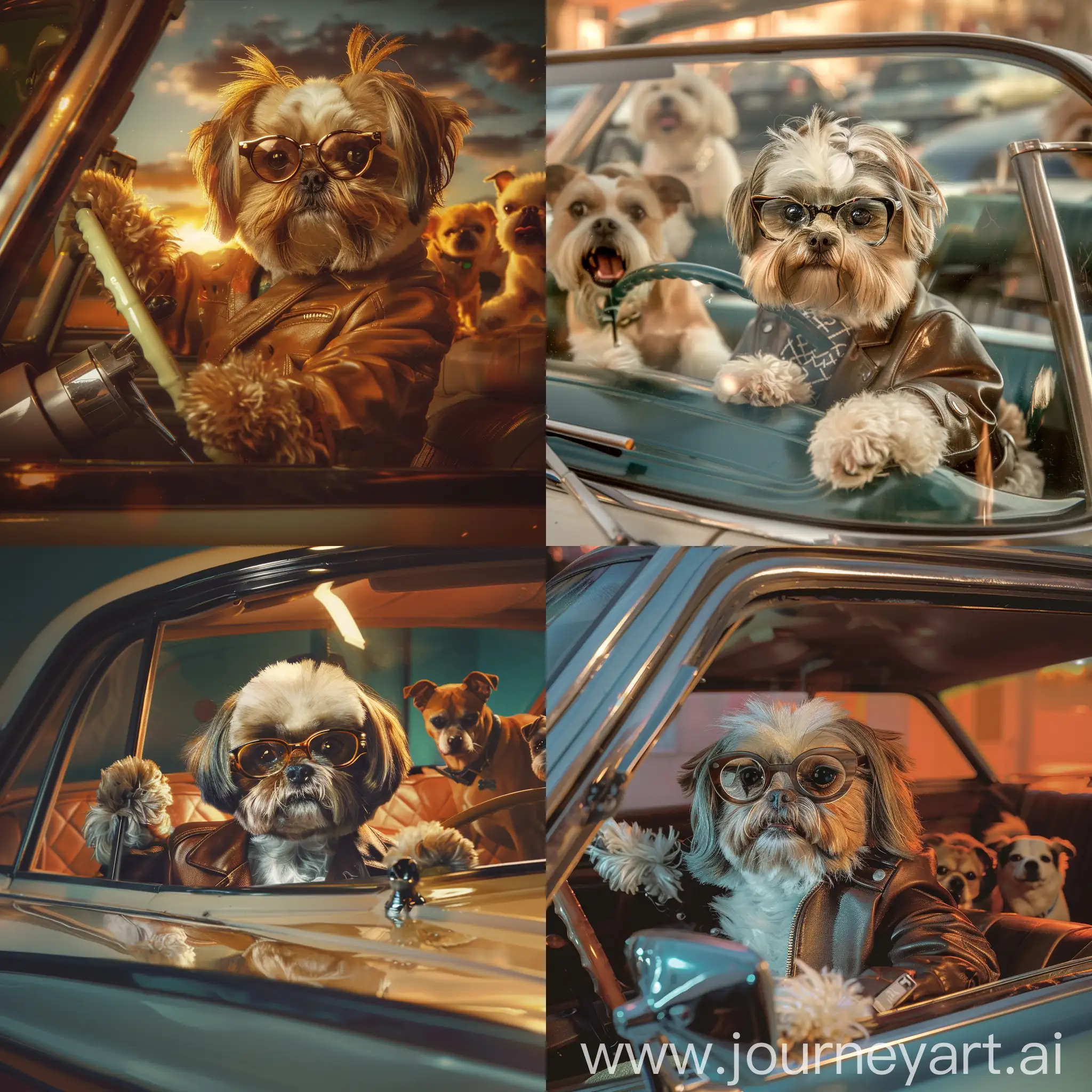 Shih-tzu wearing the glasses and leather jacket driving a shiny Plymouth from the fifties. Dogs around seem jealous 