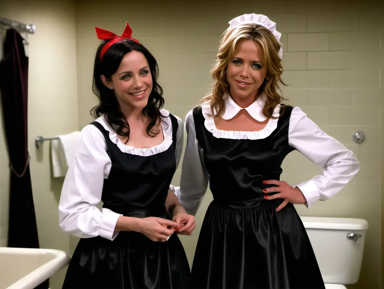 girls in long  black crystal satin retro maid  gown with white apron and peter pan colar and long sleeves costume and milf mothers long blonde and red hair,black hair  full size  rachel macadams and jenifer aniston smile clean bathroom